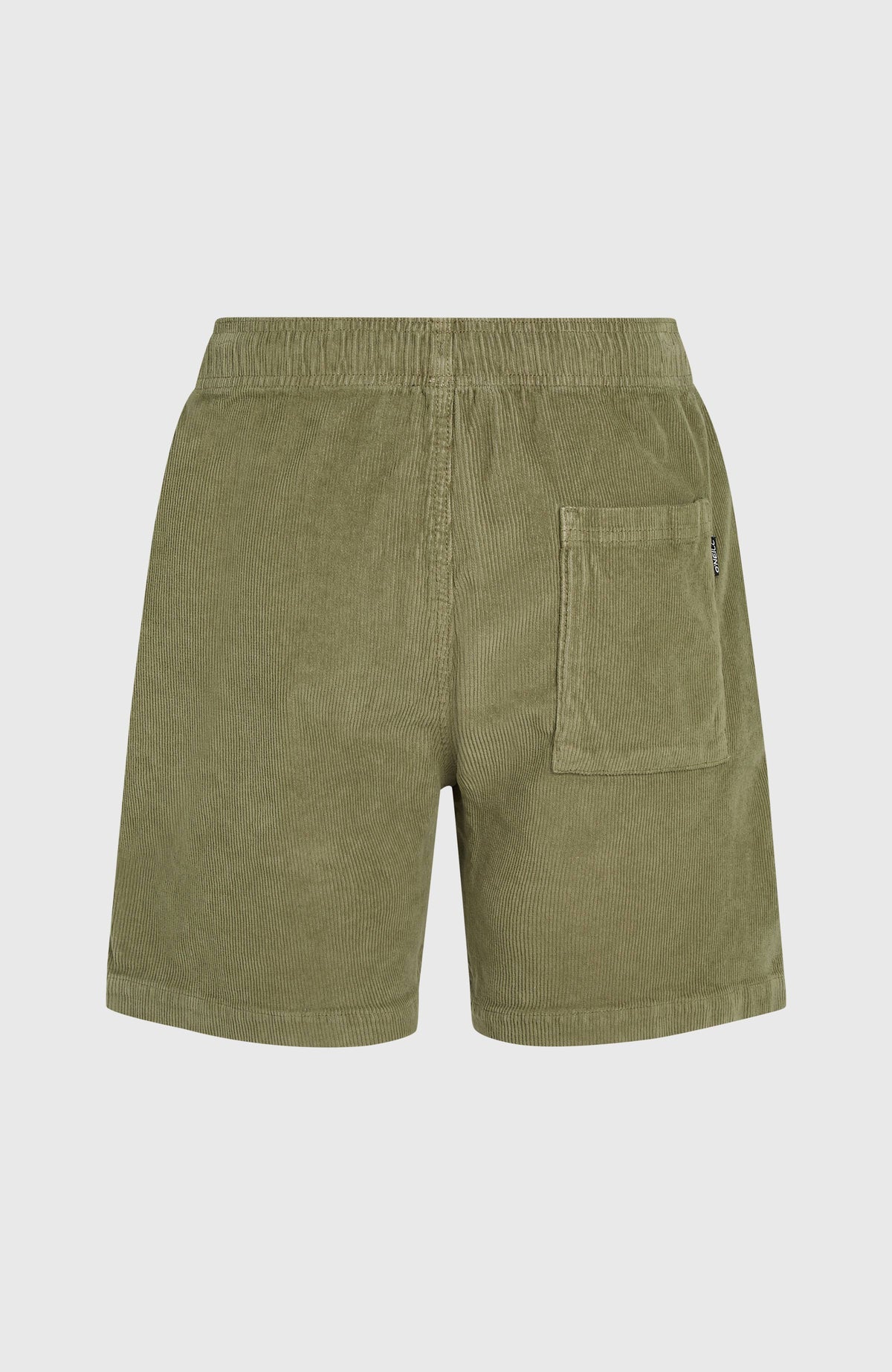 Cord-Shorts für Herren, grün, flach liegend von hinten, elastischer Bund und aufgesetzte Gesäßtasche