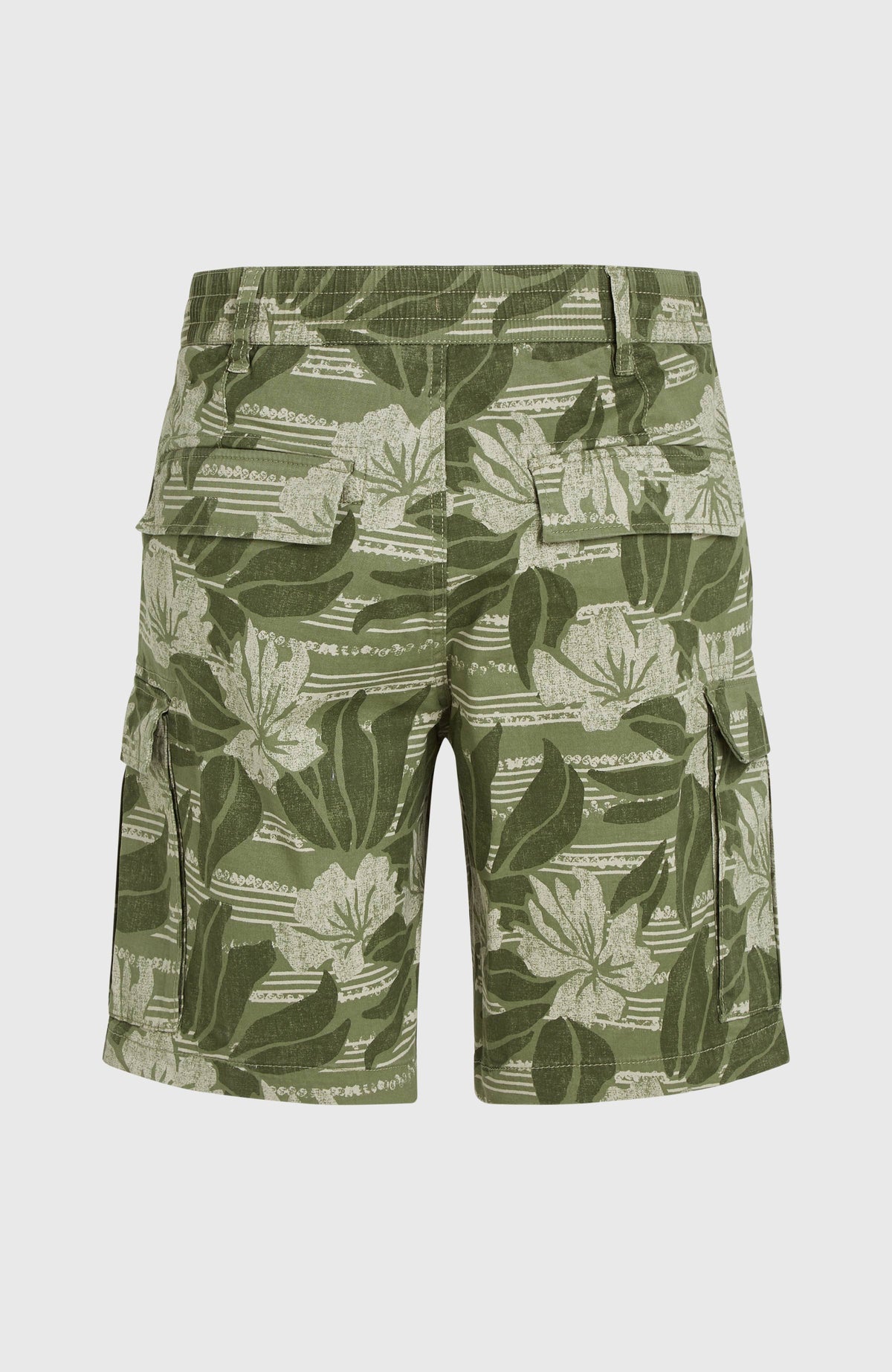 Essentials Cargo-Shorts für Herren, grün mit Blumenmuster in Beige, flach liegend von hinten mit Gesäßtaschen