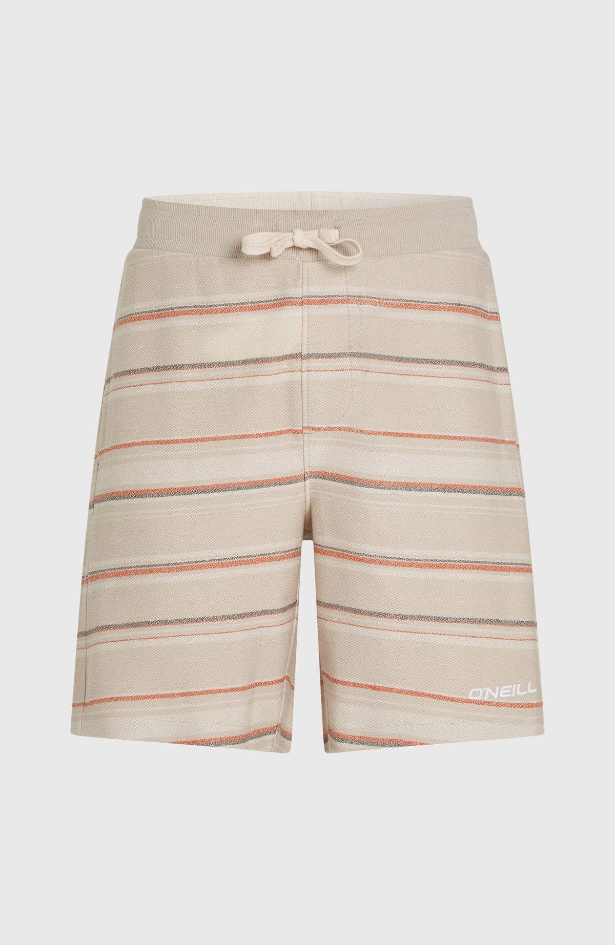 Beige Bavaro Shorts für Herren mit Streifenmuster in Orange und Grau, freigestellt von vorne mit Kordelzug