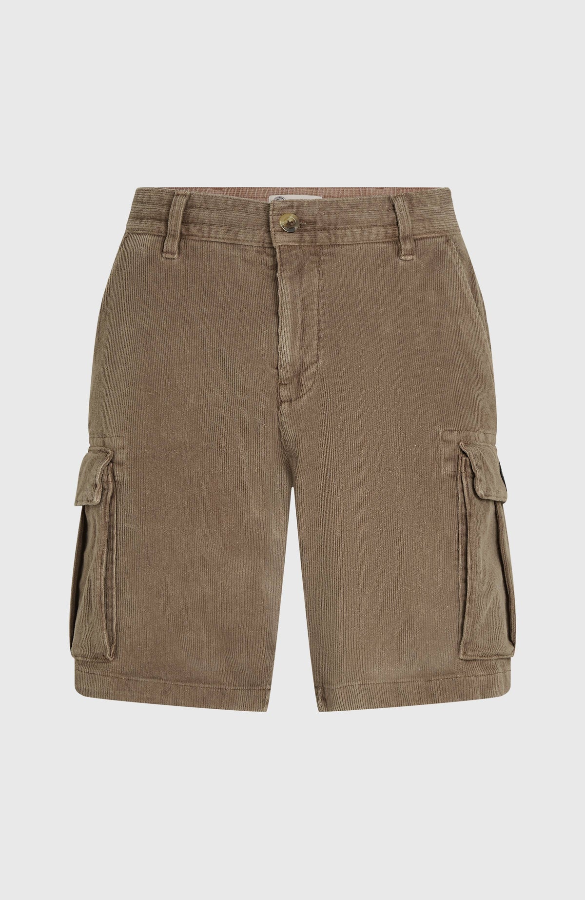 Braune O'Riginals Cord-Cargo-Shorts für Herren, flach liegend von vorne mit Knopf und Reißverschluss