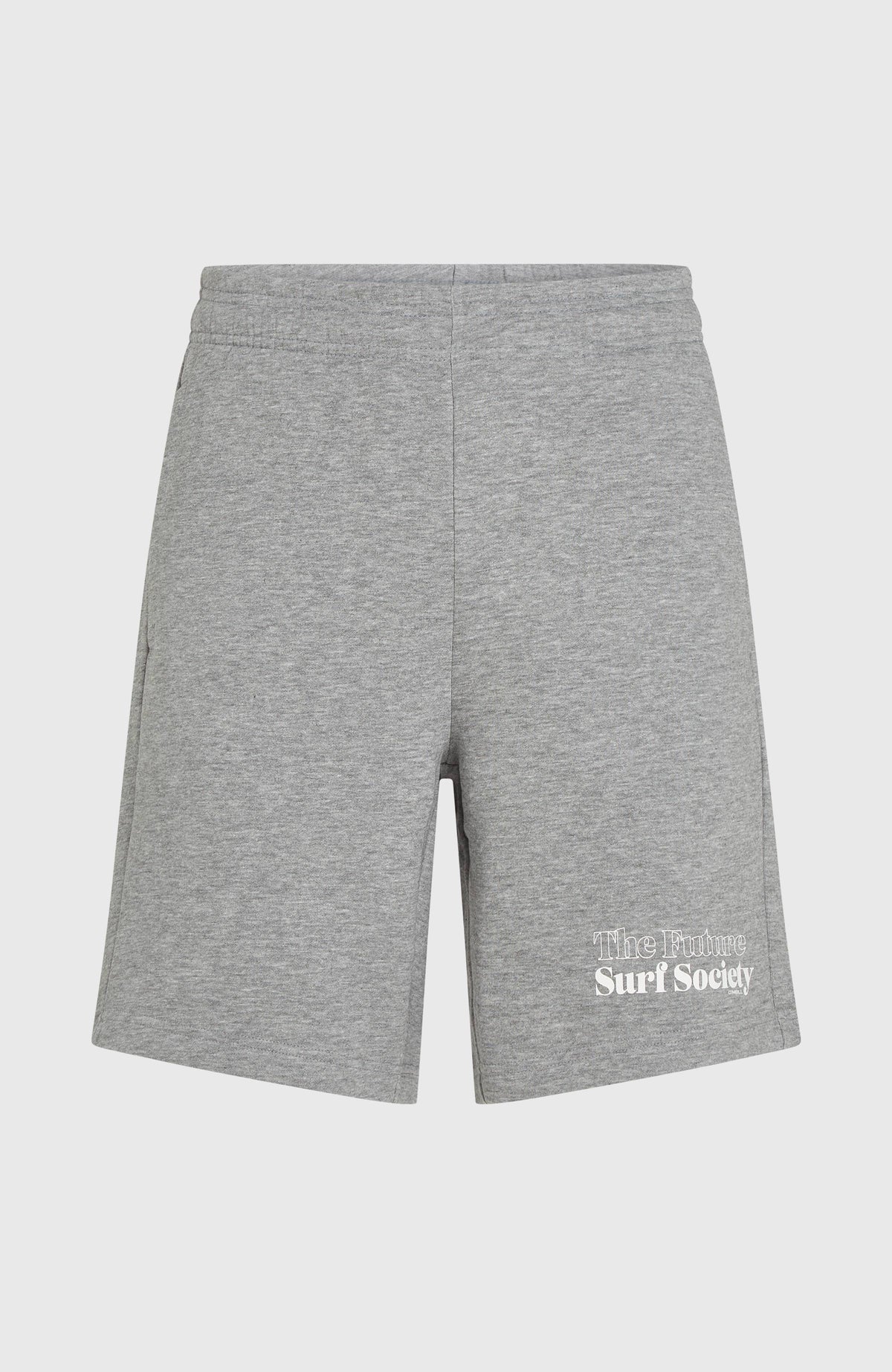 Future Surf Society Shorts für Herren, grau mit Logo-Print in Weiß, flach liegend von vorne