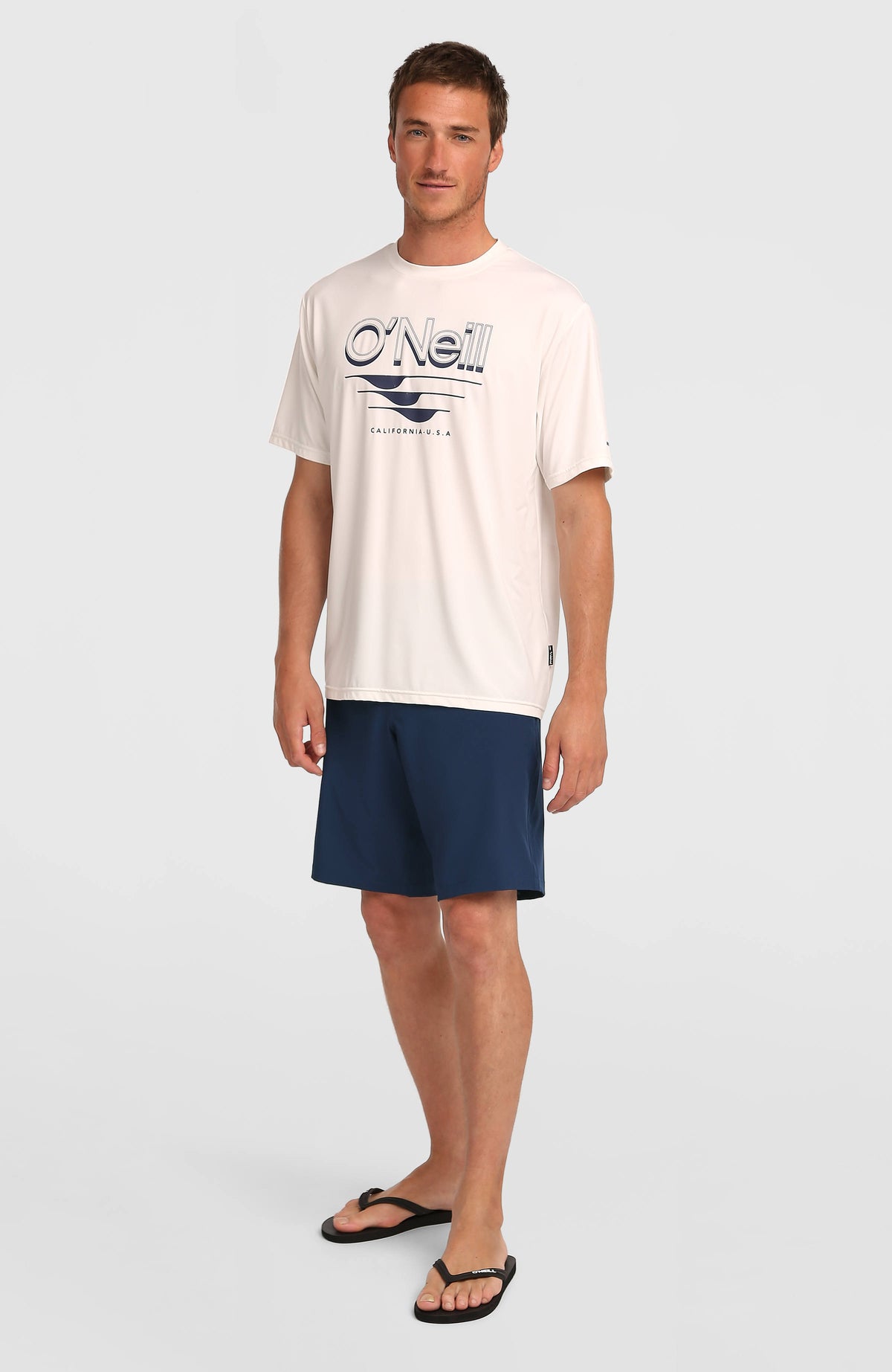 O'Neill Hybrid 19" Shorts für Herren, blau, Vorderansicht am Model in voller Länge mit geradem Schnitt