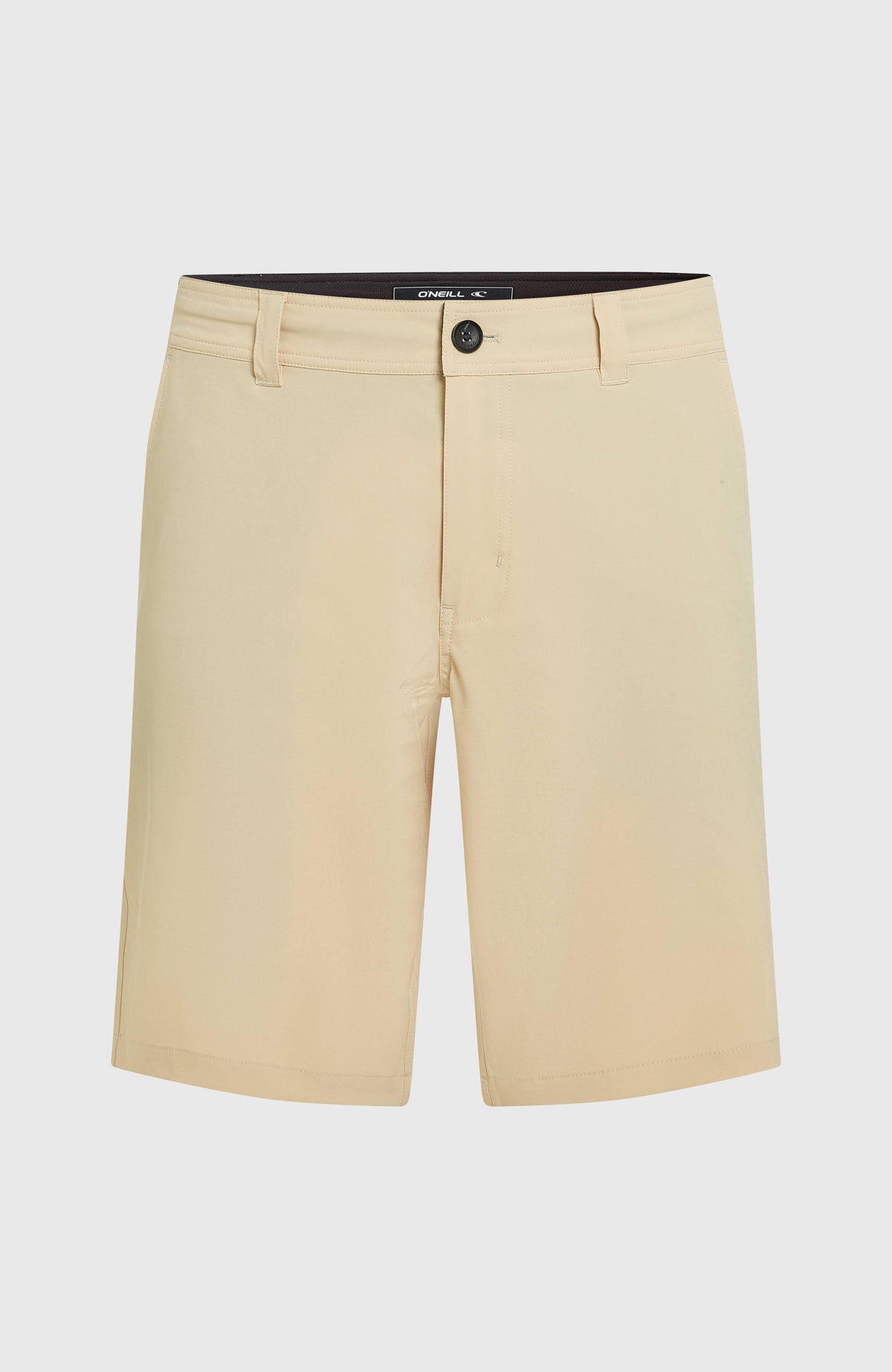Hybrid 19" Shorts für Herren, beige, freigestellt von vorne, Bund mit Knopf und Gürtelschlaufen