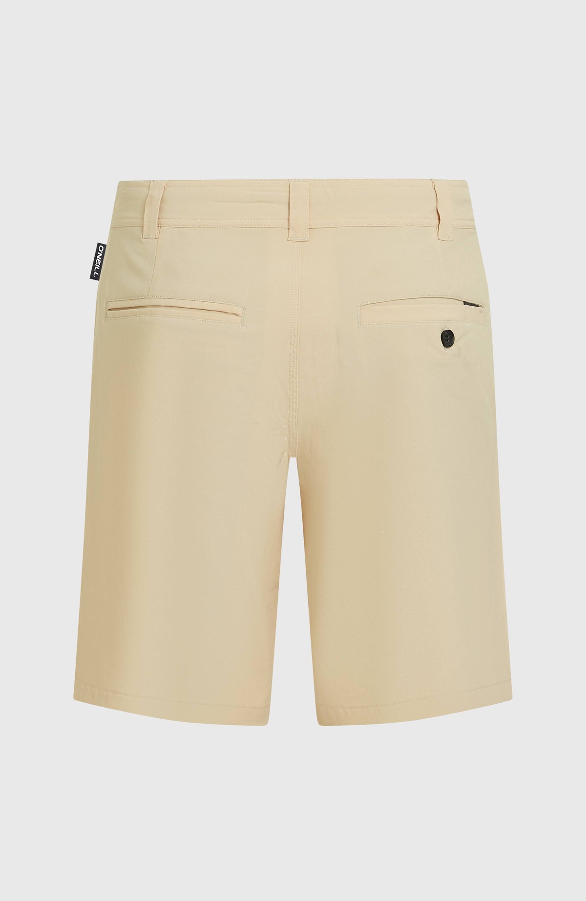 Hybrid 19" Shorts für Herren, beige, freigestellt von hinten mit zwei Gesäßtaschen