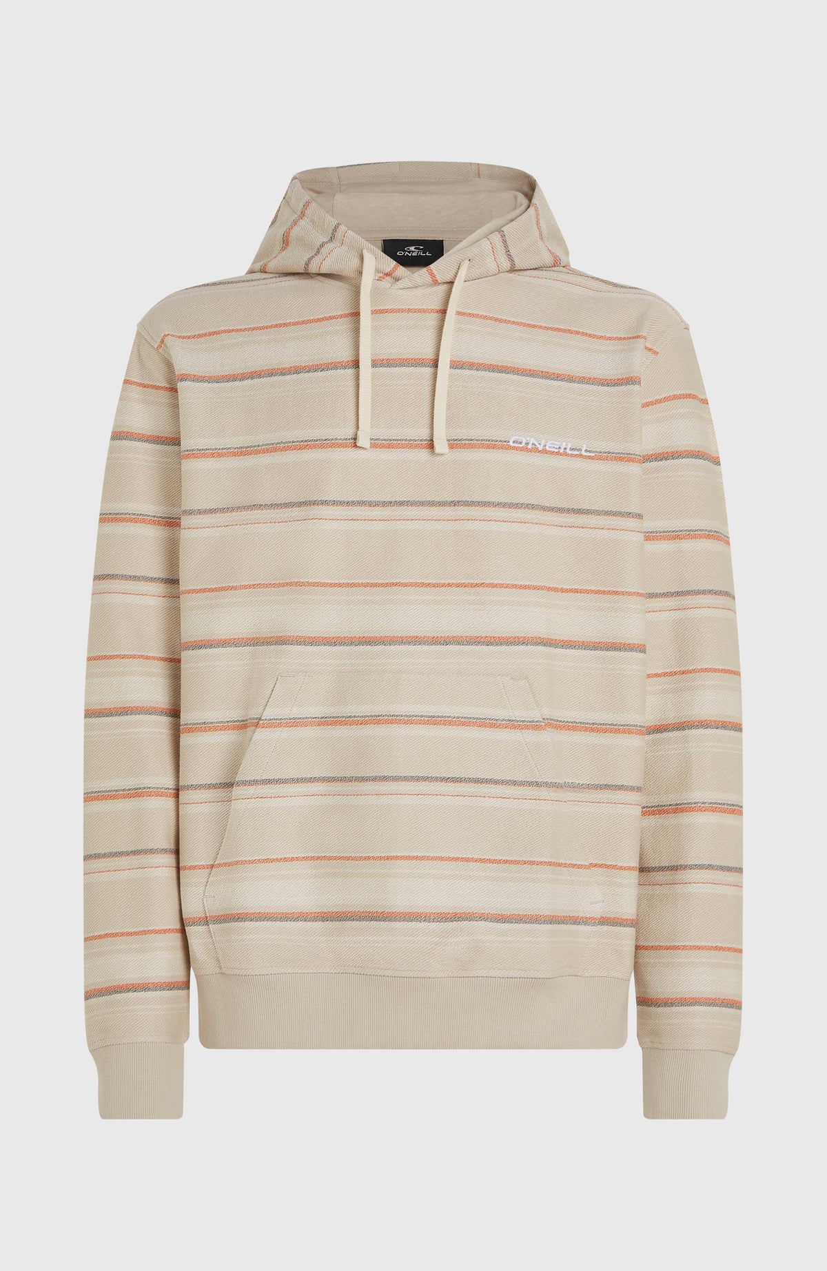 Bavaro Hoodie für Herren, beige mit Streifenmuster in Orange und Grau, freigestellt von vorne mit Kängurutasche