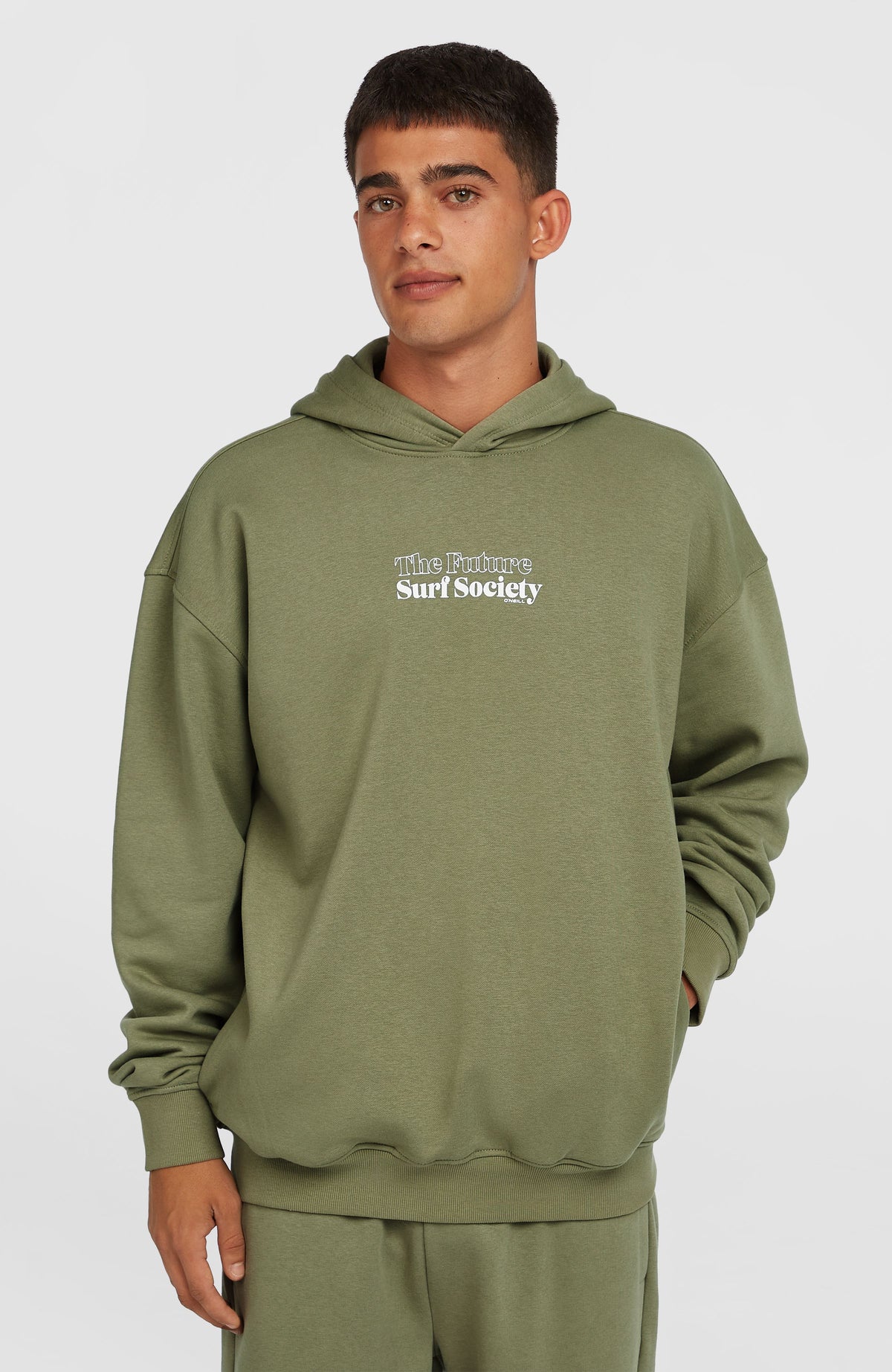 O'Neill Future Surf Society Hoodie für Herren, grün mit Logo-Print in Weiß, Vorderansicht am Model