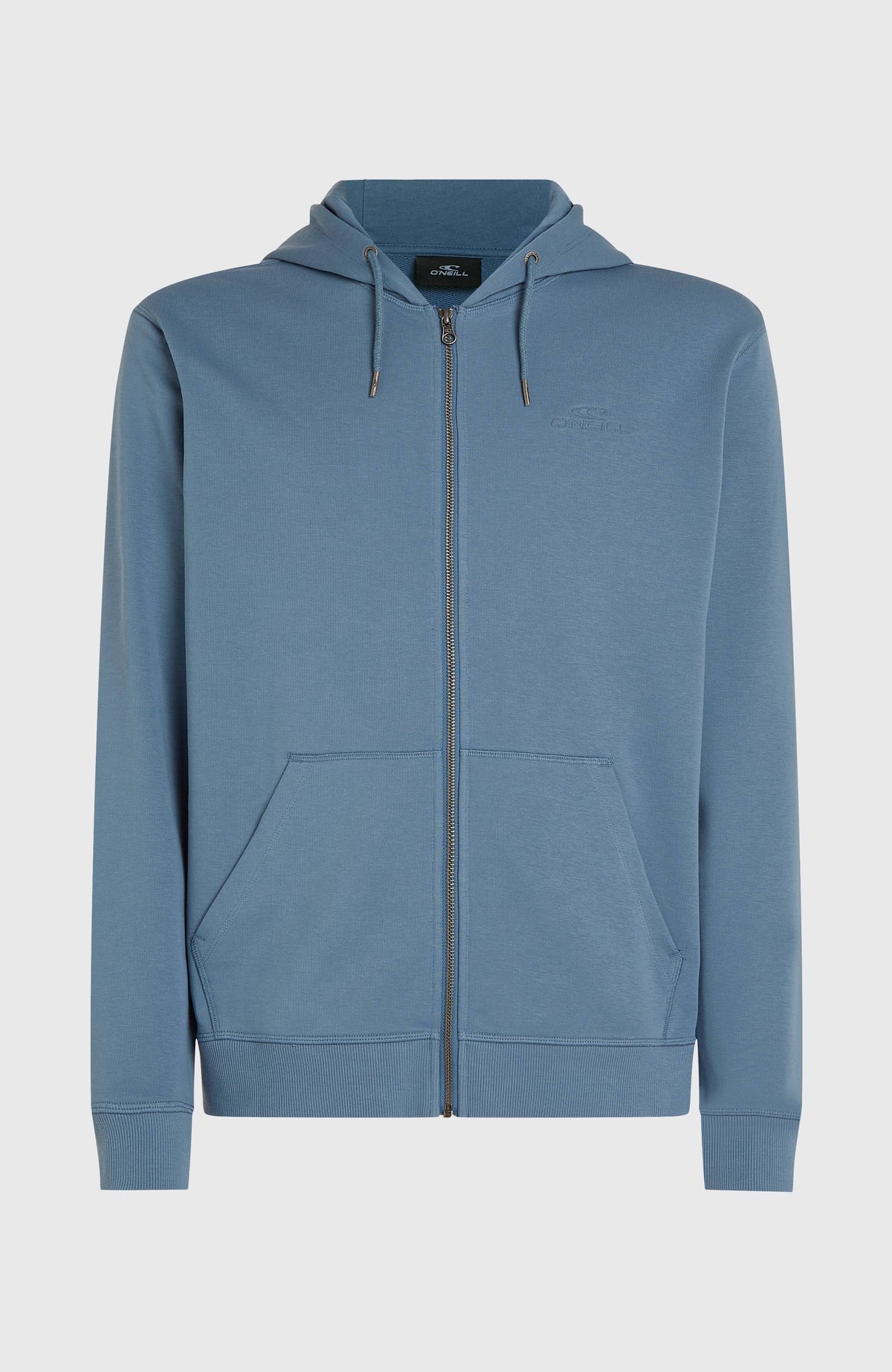 Small Logo Kapuzenjacke mit Reißverschluss, blau, freigestellt von vorne mit geteilter Kängurutasche