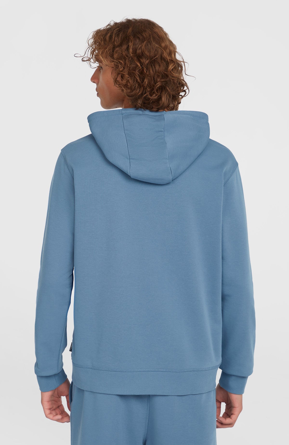Small Logo Hoodie für Herren, blau, getragen am Model, Rückansicht mit herabhängender Kapuze