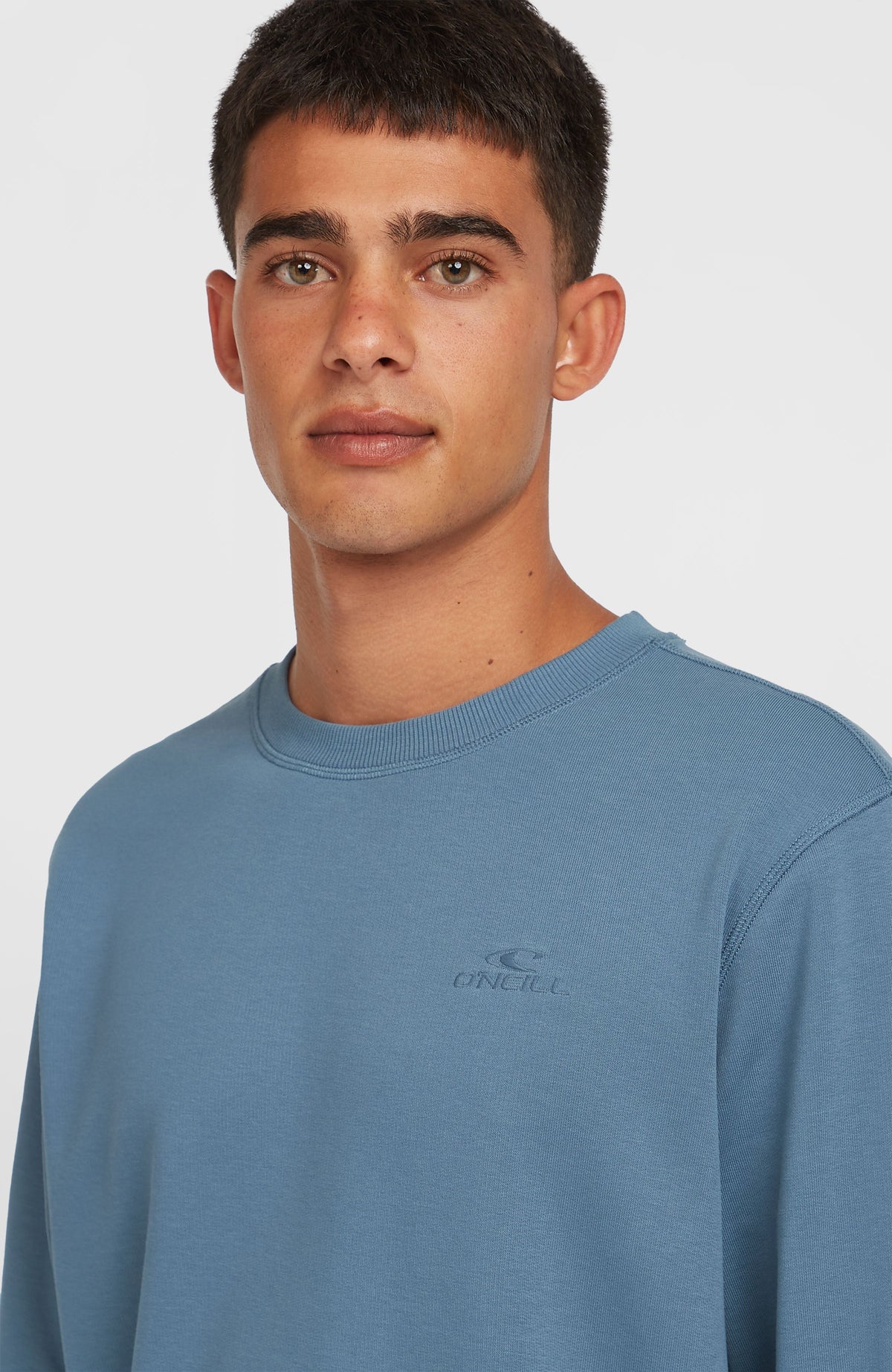 Logo Crew Sweatshirt für Herren, blau, Nahaufnahme des Rundhalsausschnitts mit Logo-Stickerei