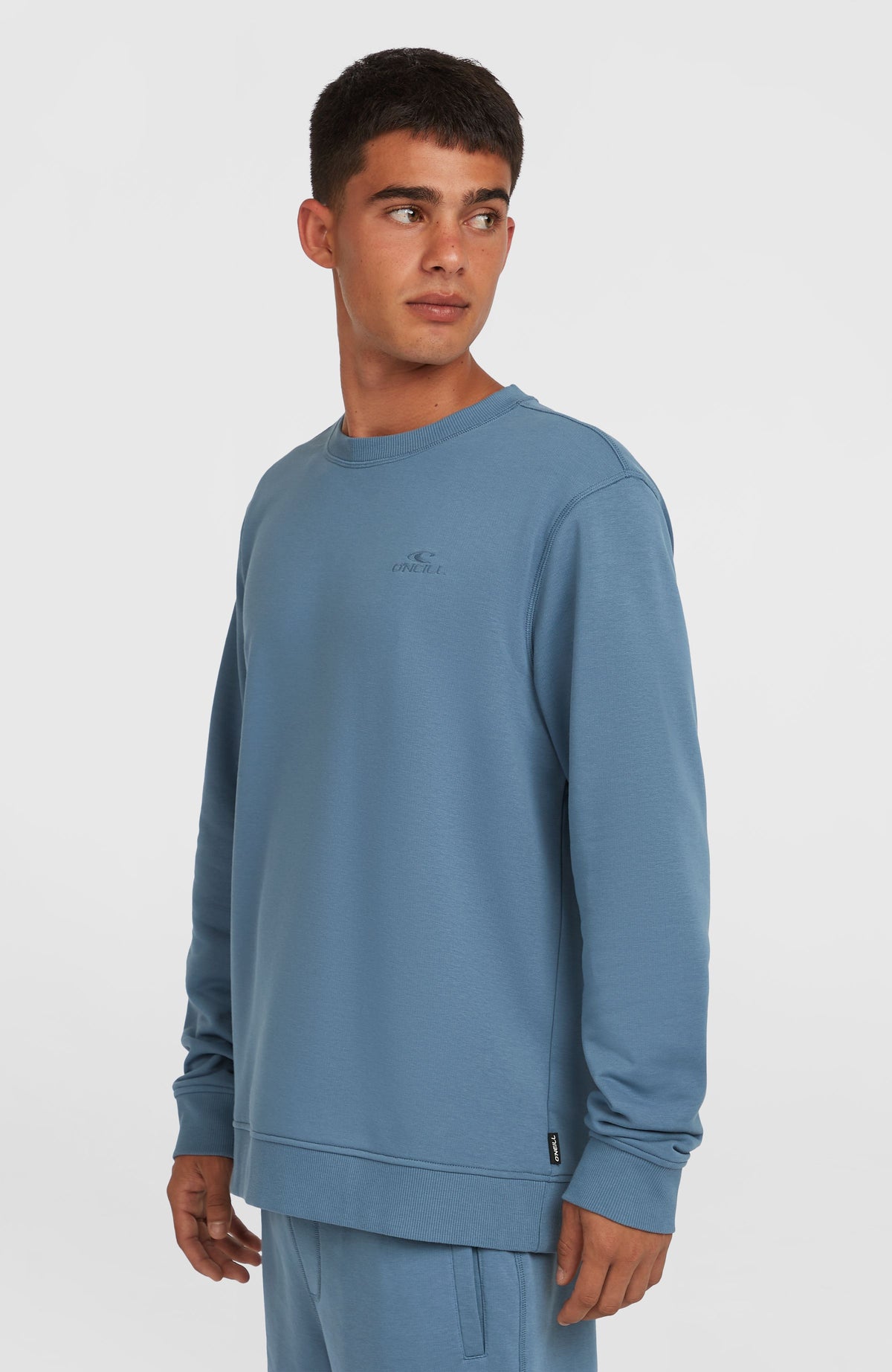 Logo Crew Sweatshirt für Herren, blau, Halbprofil-Ansicht am Model mit Rippstrickbündchen