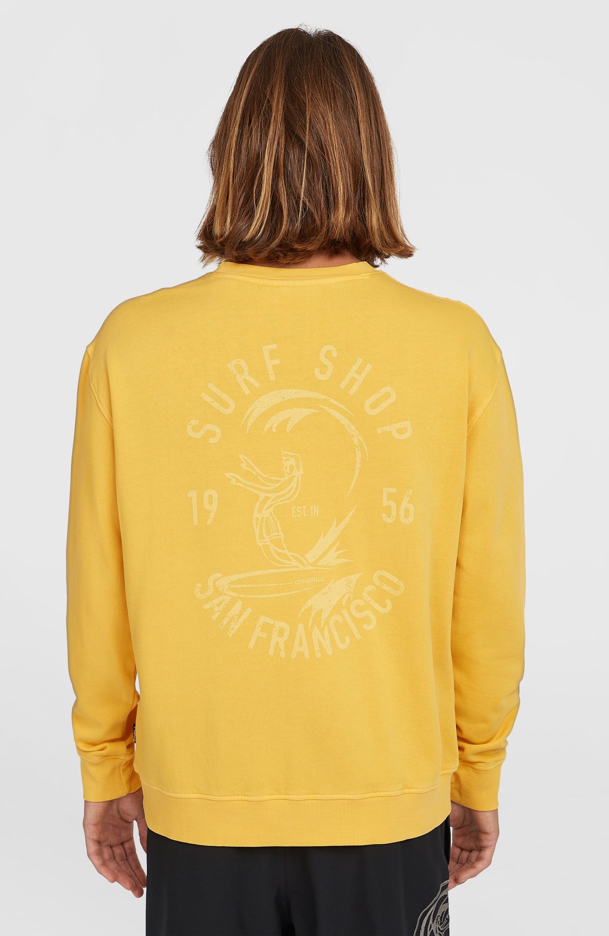 O'Riginals Crew Sweatshirt für Herren, gelb, Rückansicht am Model mit großem Rückenprint