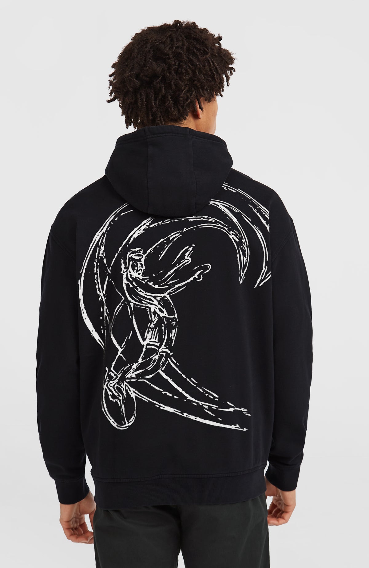 O'Riginals Hoodie für Herren, schwarz mit Grafik-Print in Weiß, Rückansicht am Model mit Surfer-Motiv