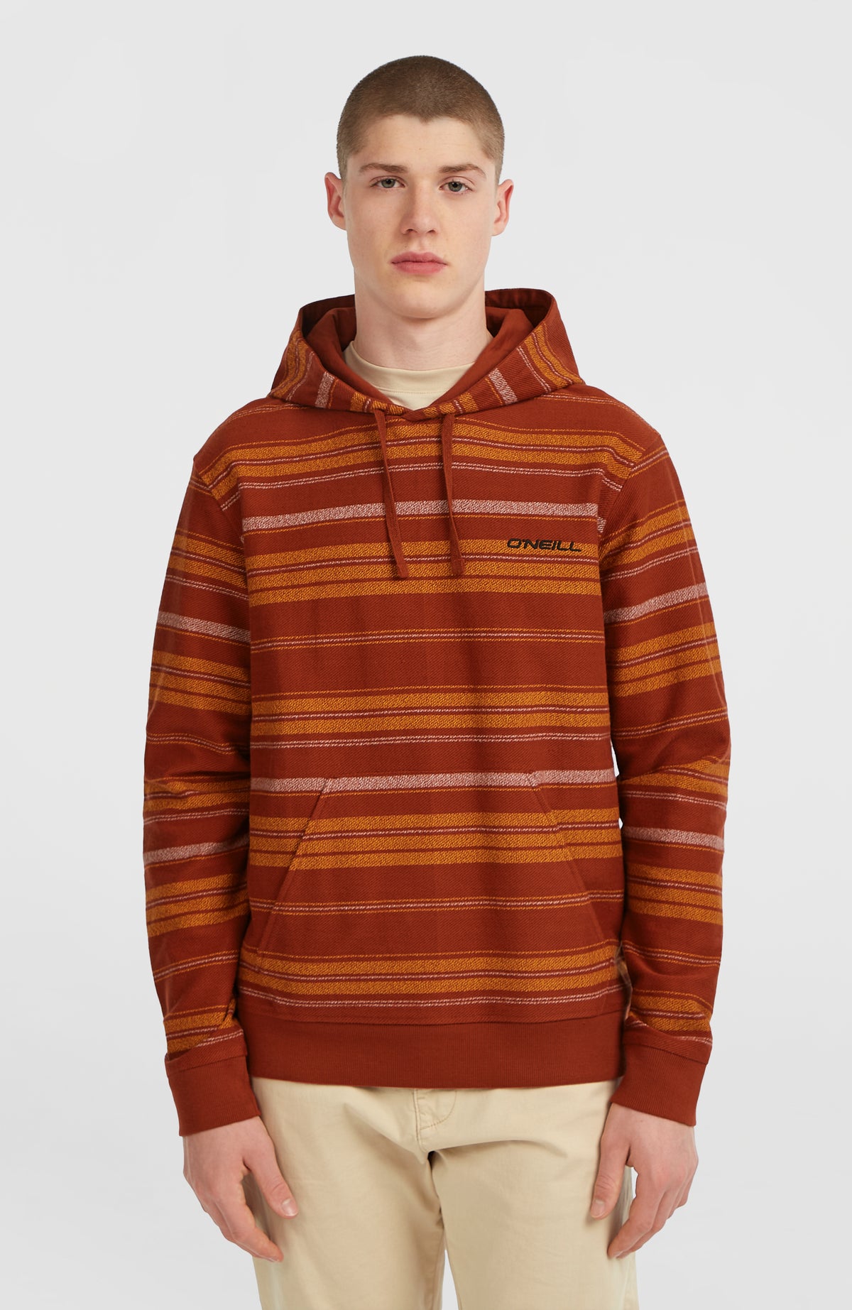 BAVARO HOODIE für Herren, braun mit Streifenmuster in Gelb und Weiß, Vorderansicht am Model