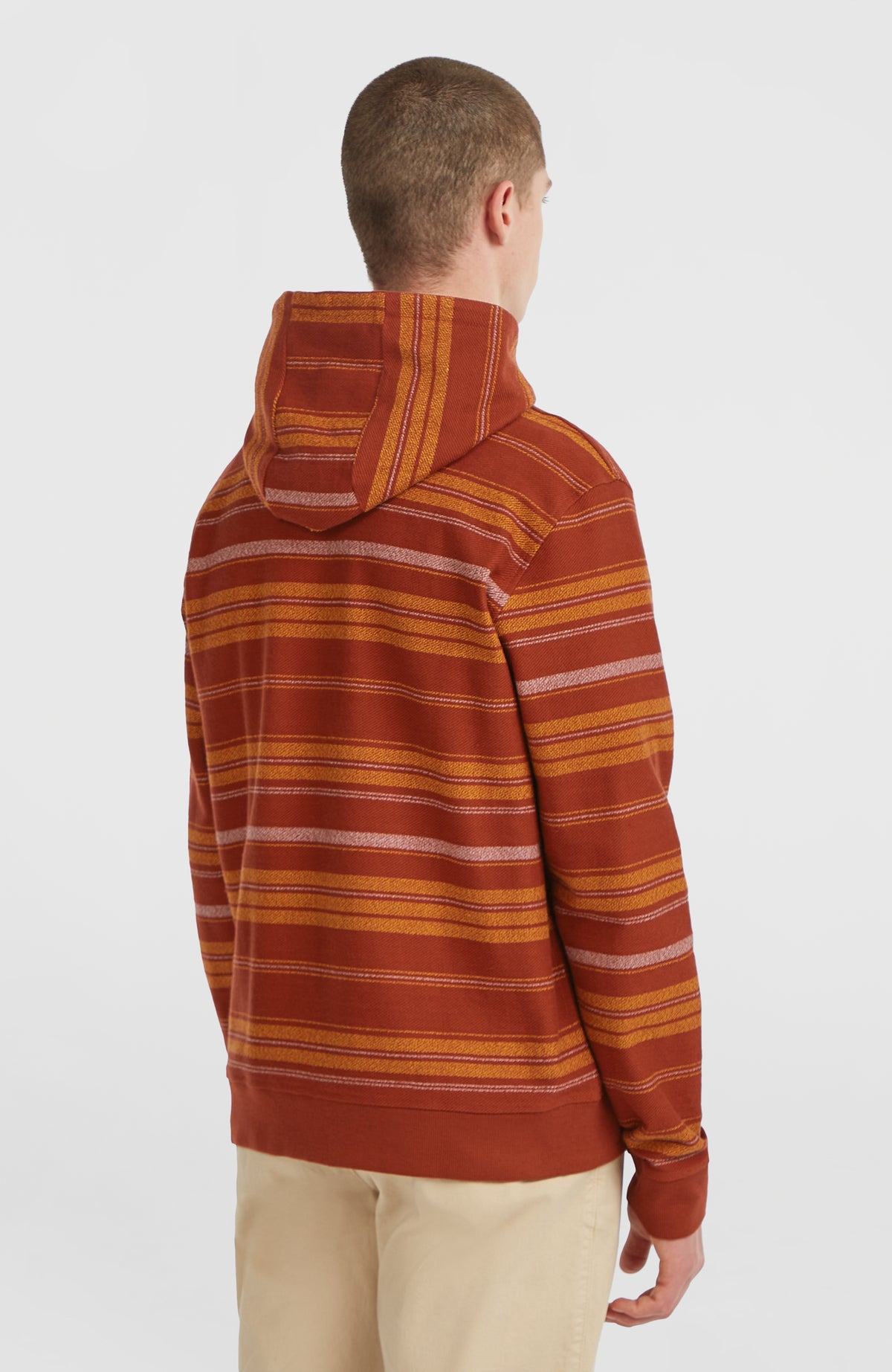 BAVARO HOODIE für Herren, braun mit Streifenmuster in Gelb und Weiß, Rückansicht am Model