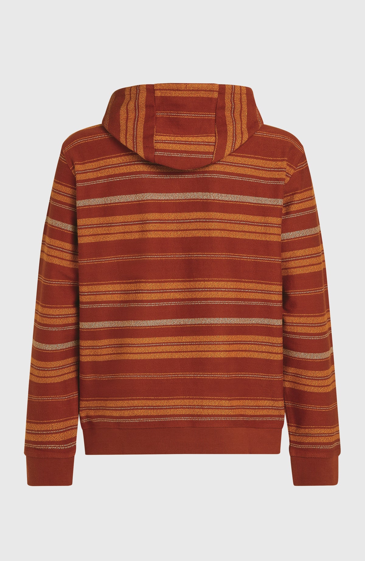 BAVARO HOODIE für Herren, braun mit Streifenmuster in Gelb und Weiß, flach liegend von hinten