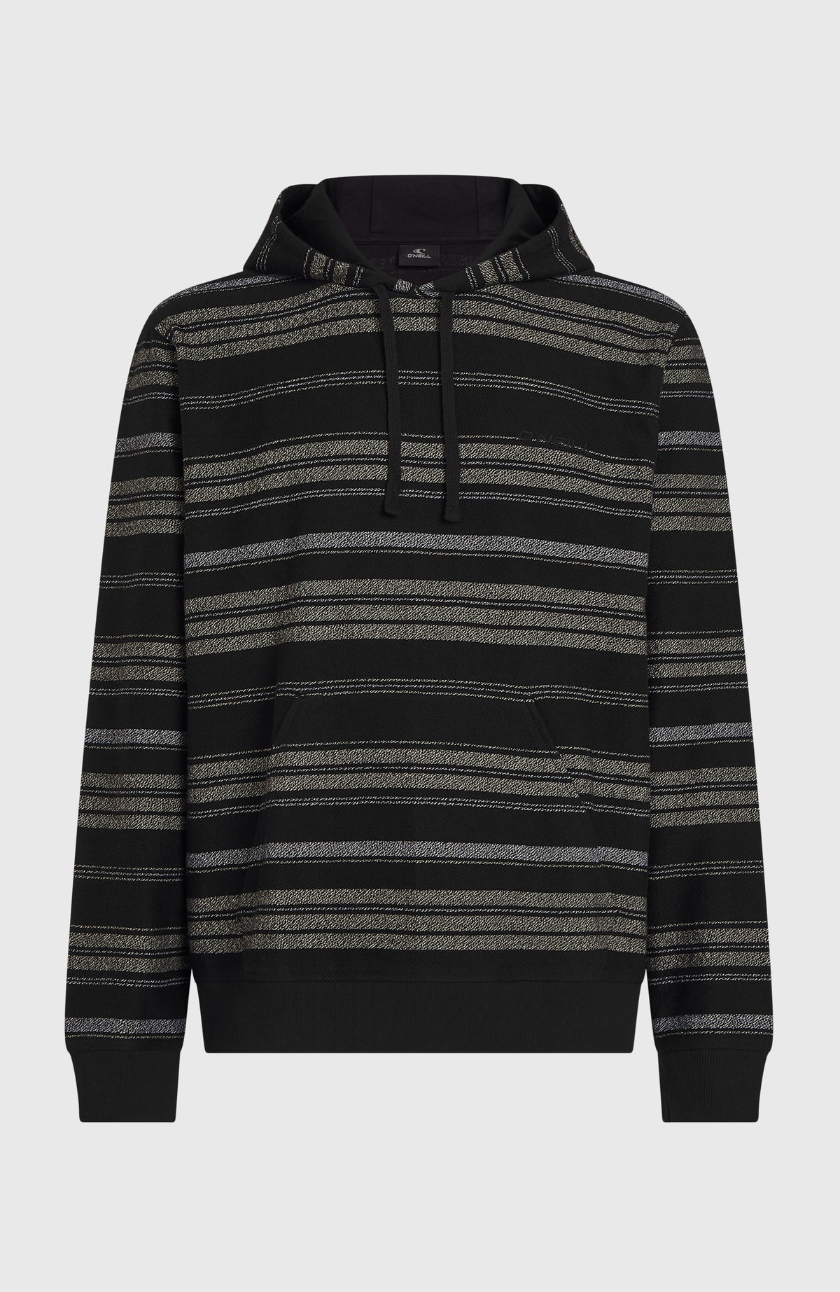 O'NEILL BAVARO HOODIE für Herren, schwarz mit Streifenmuster in Grau, flach liegend von vorne, Kängurutasche