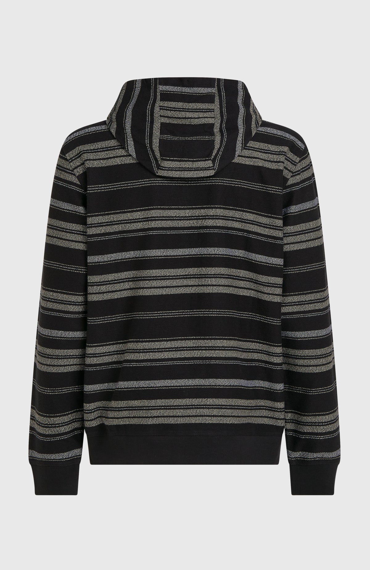 BAVARO HOODIE für Herren, schwarz mit Streifenmuster in Grau, flach liegend von hinten mit sichtbarer Kapuze