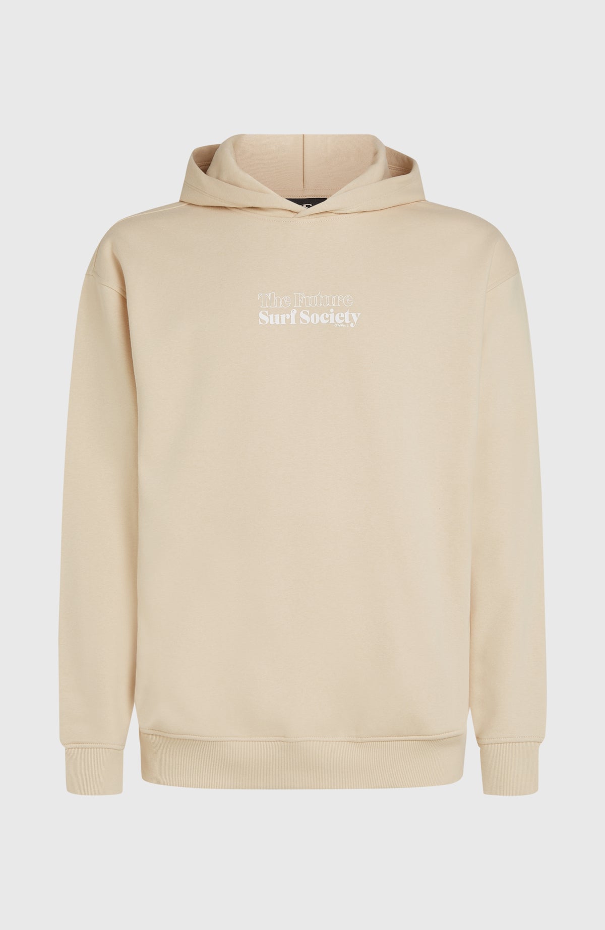 Future Surf Society Hoodie für Herren, beige mit Logo-Print in Weiß, freigestellt von vorne