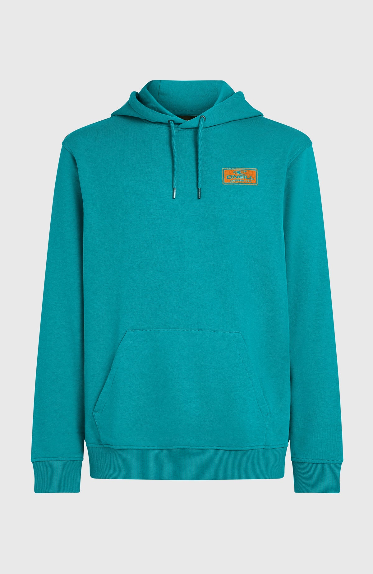 Graphic Hoodie für Herren, blau mit Logo-Patch in Orange, freigestellt von vorne mit Kängurutasche