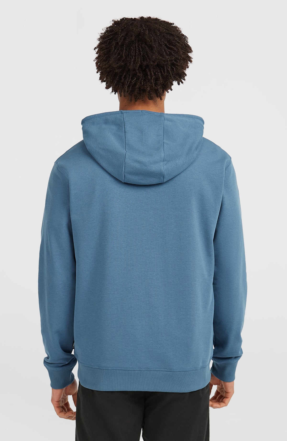 Blaue Small Logo Kapuzenjacke für Herren, getragen am Model, Rückansicht mit Kapuze und elastischem Saumbund