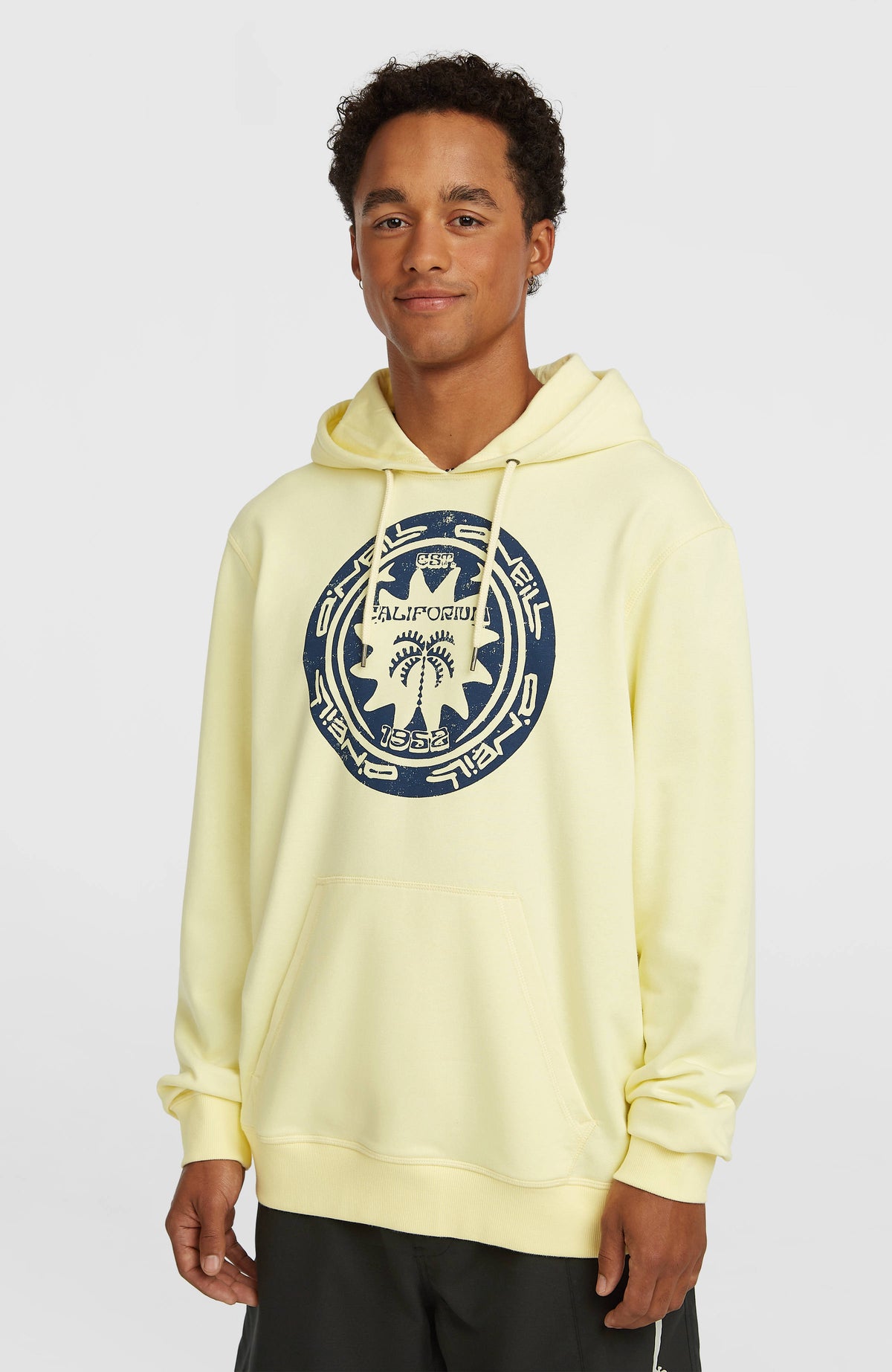 O'Neill Must-Have Graphic Hoodie für Herren, gelb mit Grafik-Print in Dunkelblau, Vorderansicht am Model