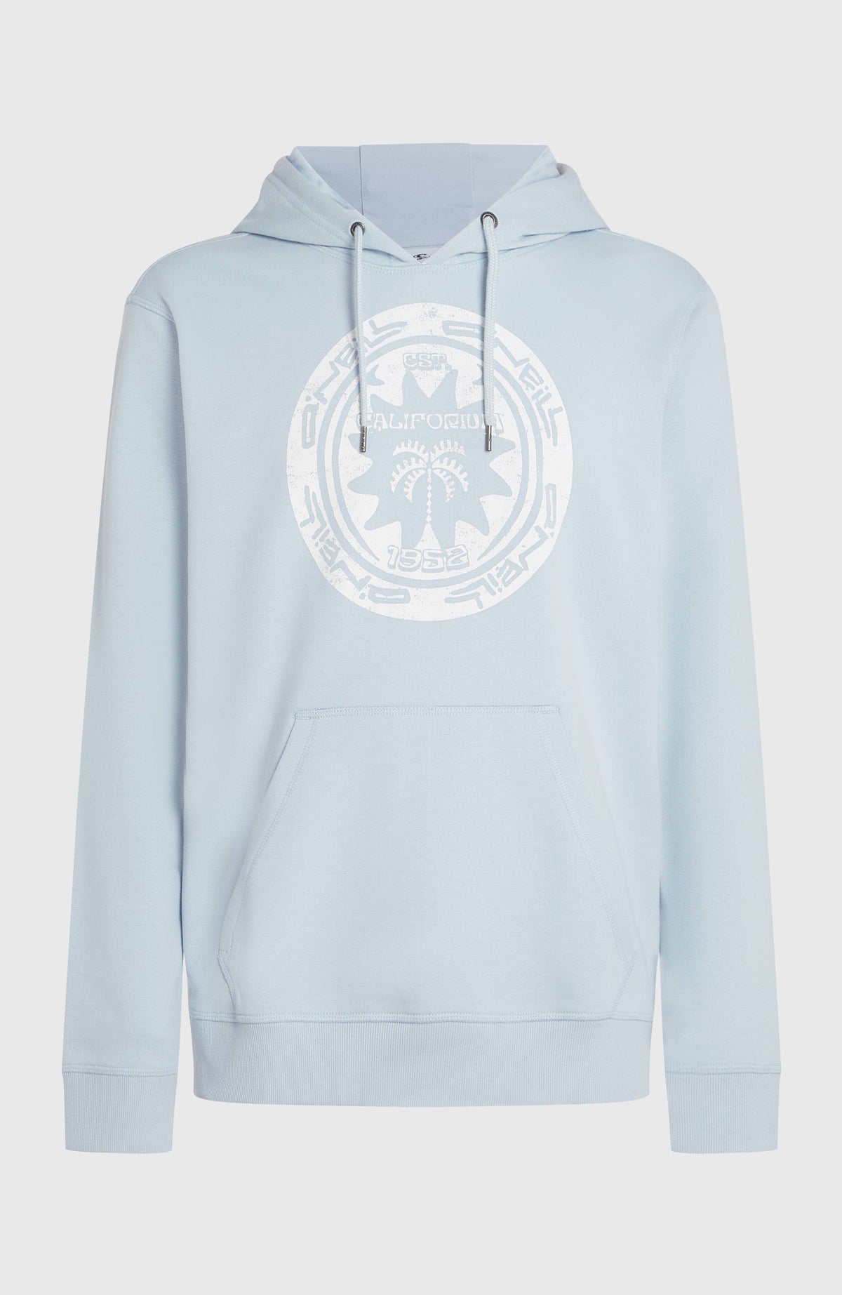 Must-Have Graphic Hoodie für Herren, blau mit Logo-Print in Weiß, freigestellt von vorne mit Kängurutasche