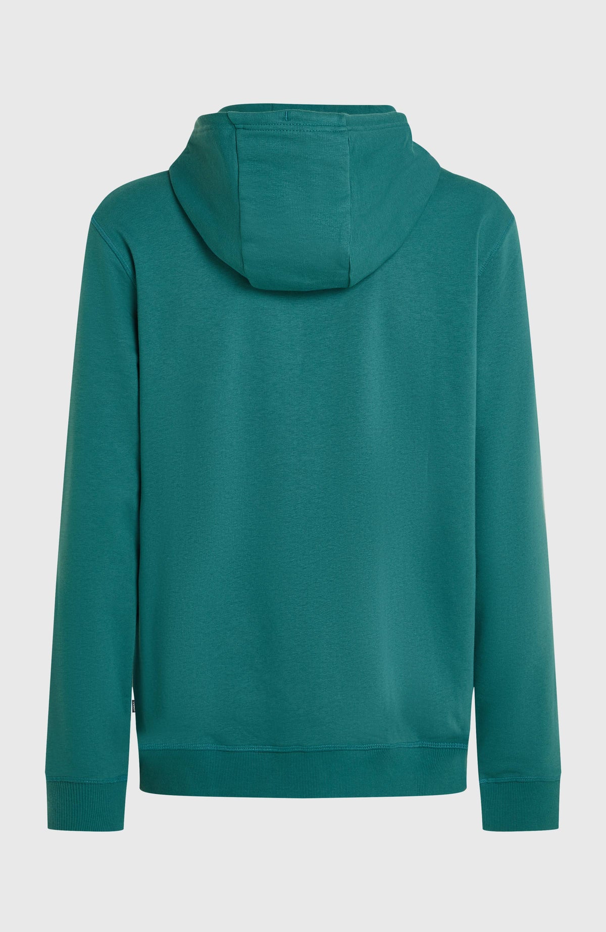 Grüner Must-Have Graphic Hoodie für Herren, freigestellt von hinten mit Kapuze und kleinem Logo-Label am Saum