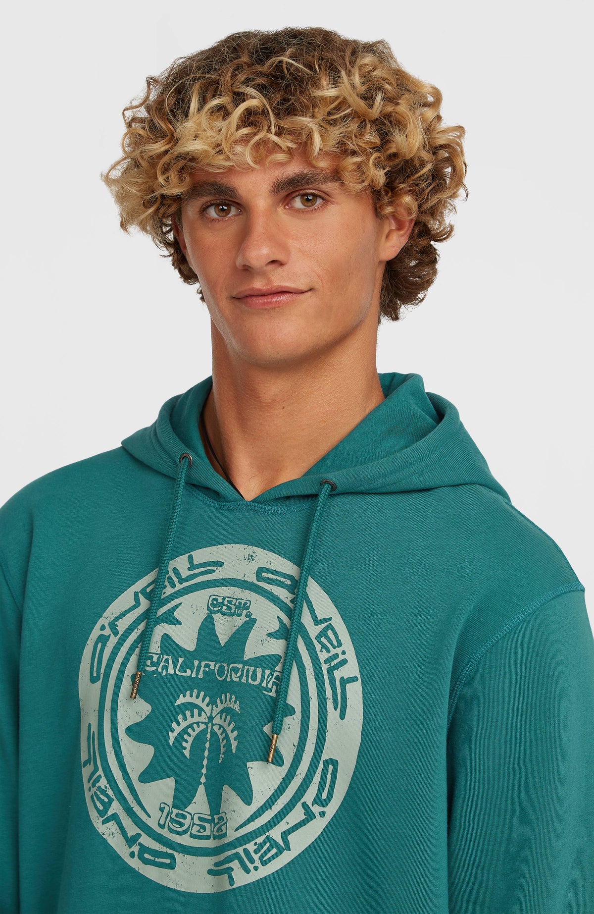 Nahaufnahme des Must-Have Graphic Hoodie für Herren in Grün mit Kordelzug und Logo-Print in Hellgrün