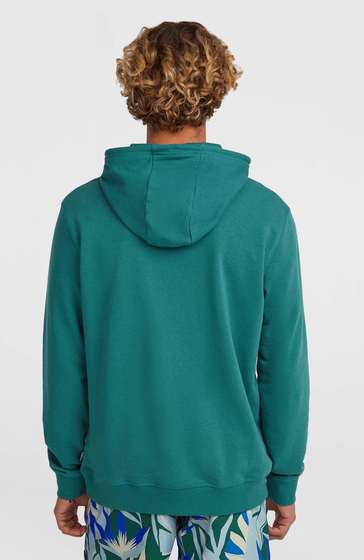 Grüner Must-Have Graphic Hoodie für Herren mit Kapuze und gerippten Bündchen, Rückansicht am Model