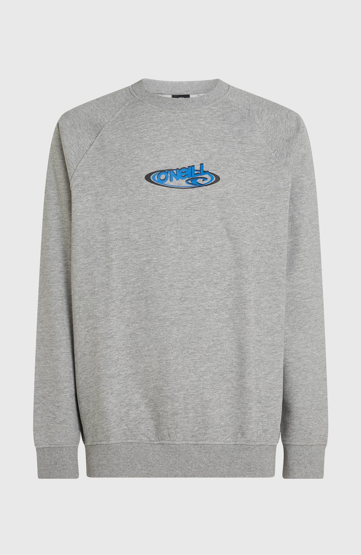 Essentials 90s Logo Crew Sweatshirt für Herren, grau mit Logo-Print in Blau und Schwarz, flach liegend von vorne
