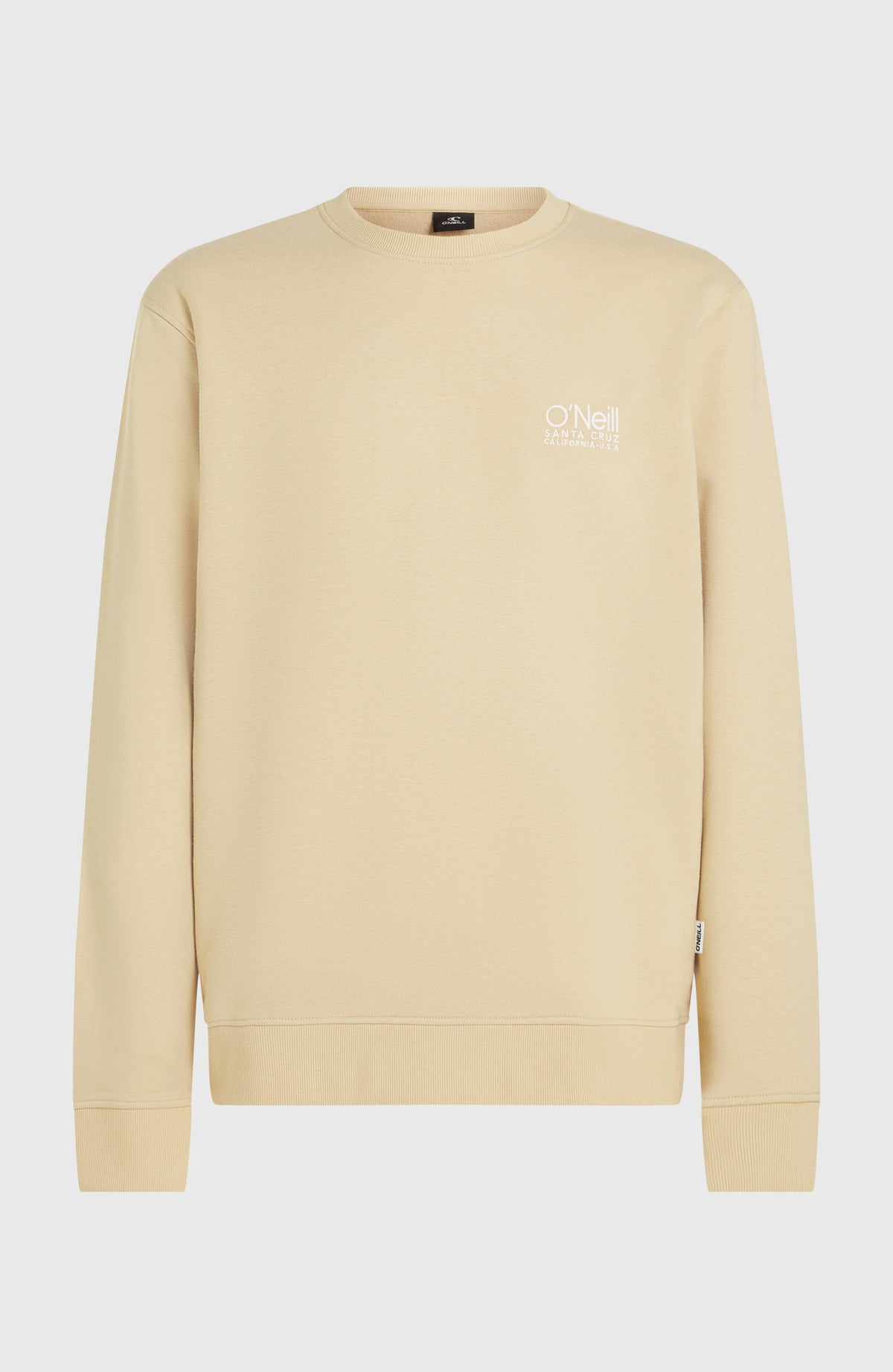 Original Cali Logo Crew Sweatshirt für Herren, beige mit Logo-Print in Weiß, freigestellt in Vorderansicht
