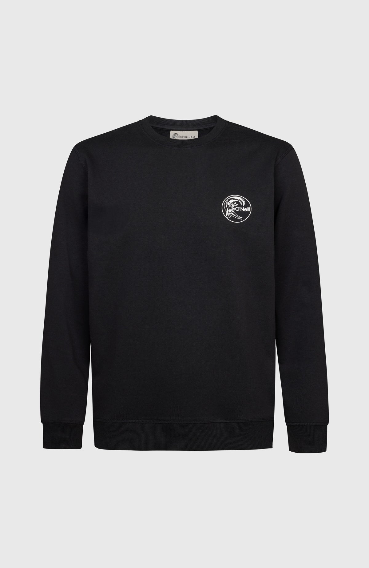 O'Neill O'Riginals Chest Print Crew Sweatshirt für Herren, schwarz mit Logo-Print in Weiß, freigestellt von vorne