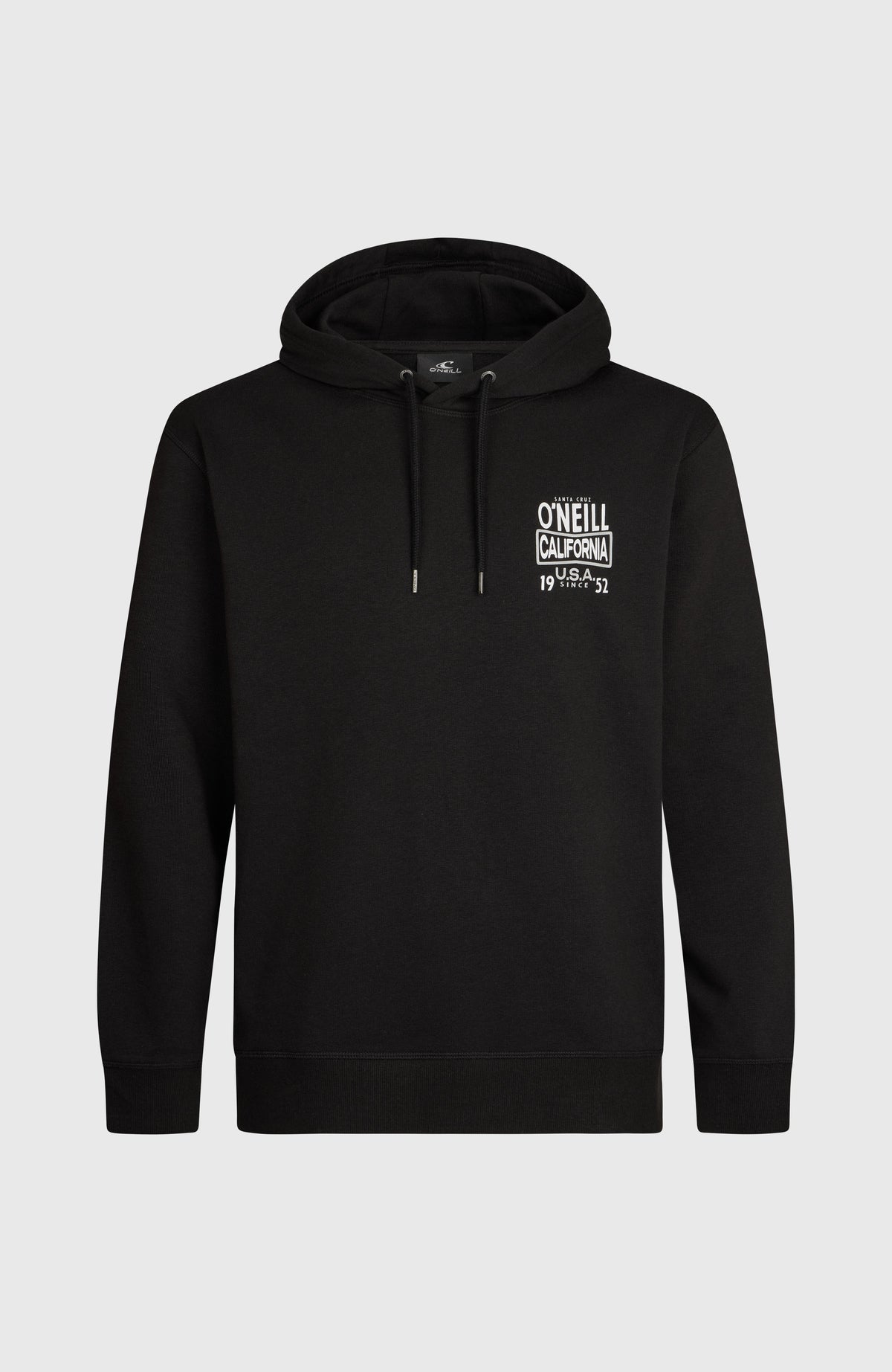 O'NEILL CALI HOODIE für Herren, schwarz mit Logo-Print in Weiß, freigestellt von vorne, Kordelzug an der Kapuze
