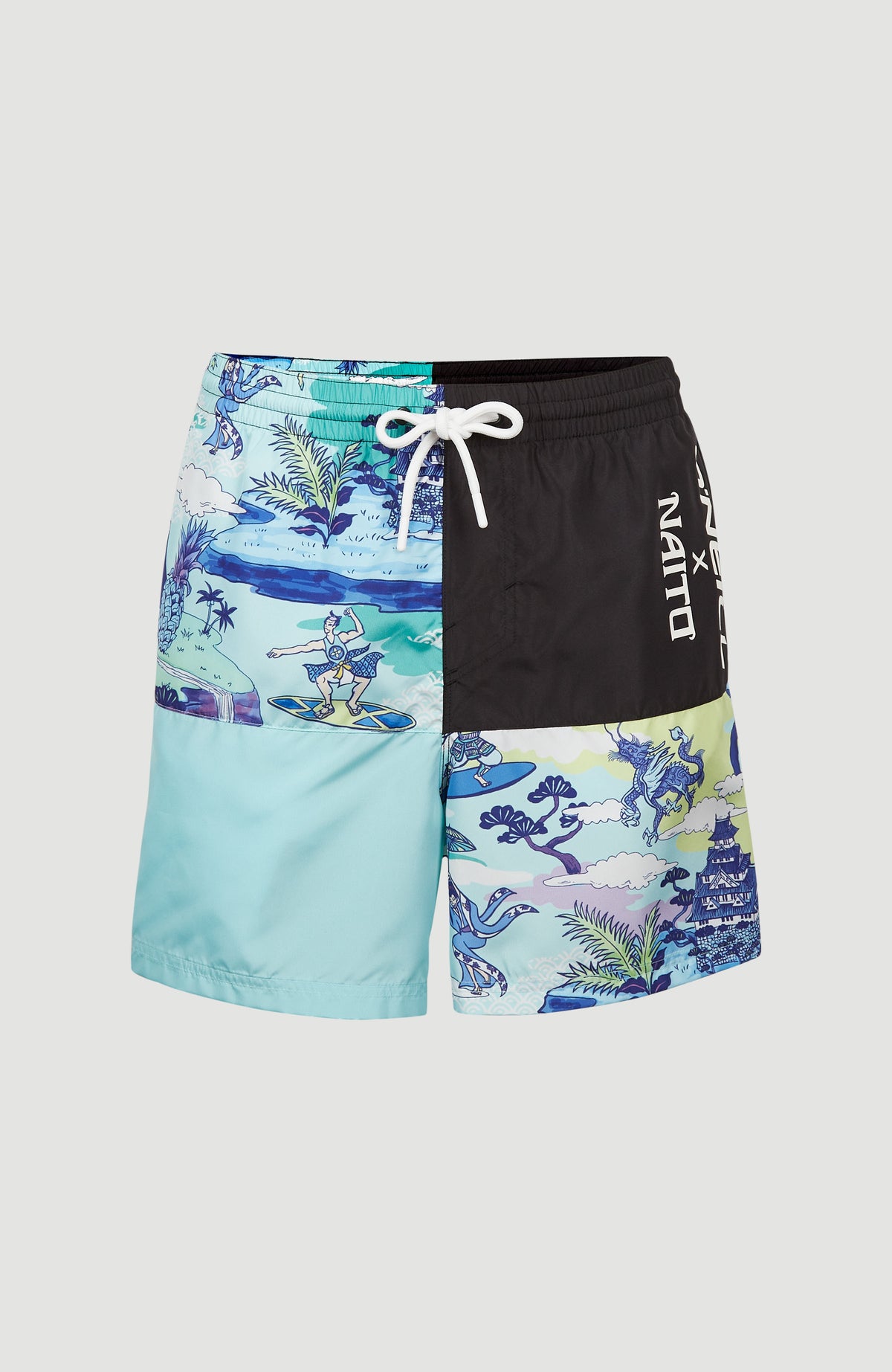 O'Neill x Naito 16'' Swim Shorts Badeshorts für Herren, schwarz mit Grafik-Print in Türkis und Blau, Vorderansicht