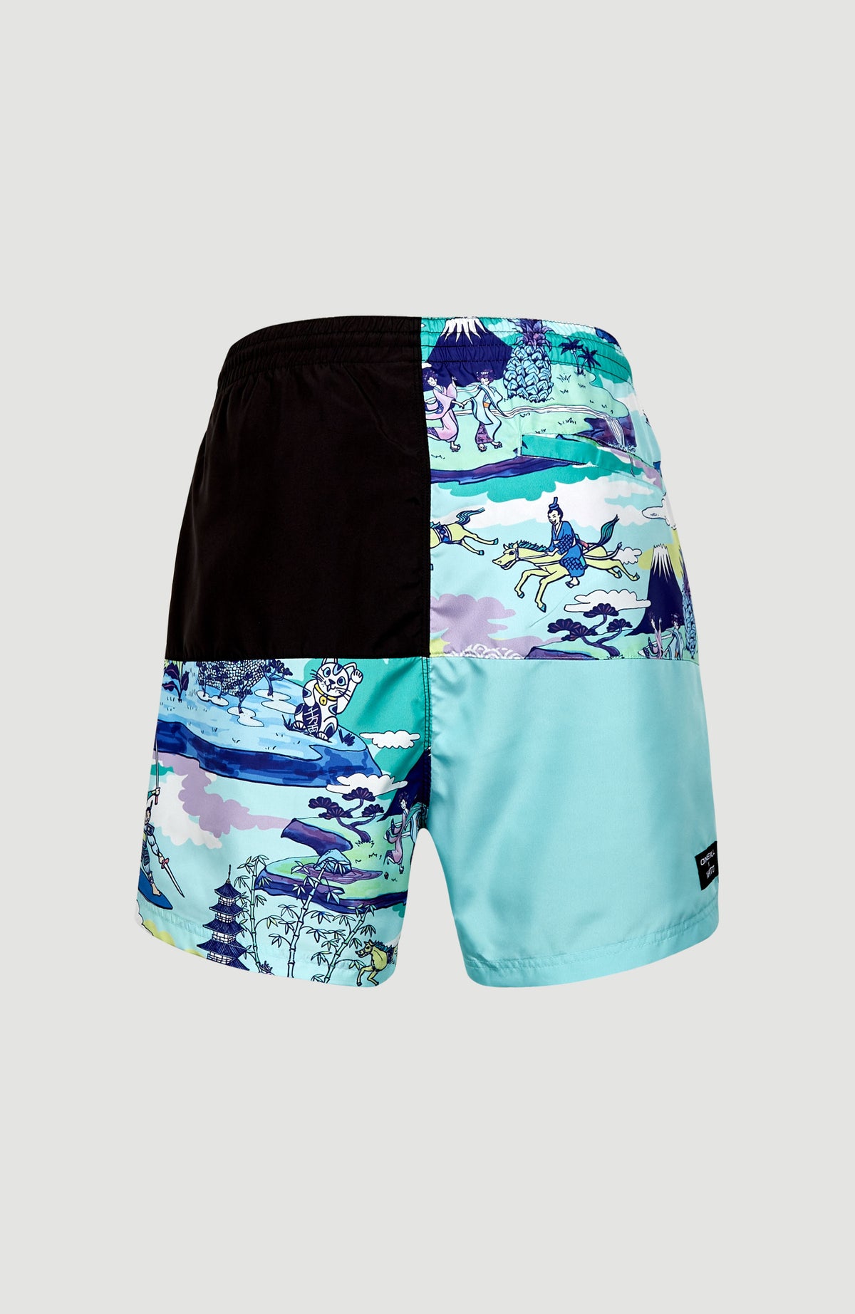 Schwarze Naito 16'' Swim Shorts Badeshorts mit Grafik-Print in Türkis und Blau, Rückansicht mit Gesäßtasche