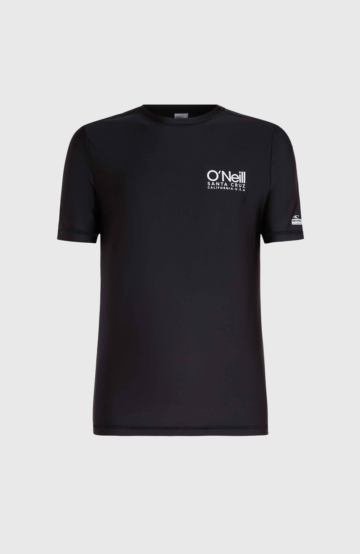 Essentials Cali Shortsleeve-Schwimmshirt für Herren, schwarz mit Logo-Print in Weiß, freigestellt von vorne