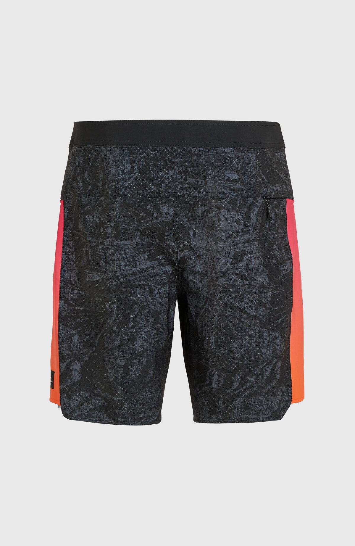 Hyperfreak Tech Panel 19'' Boardshorts für Herren, schwarz mit Farbverlauf in Pink und Orange, freigestellt von hinten