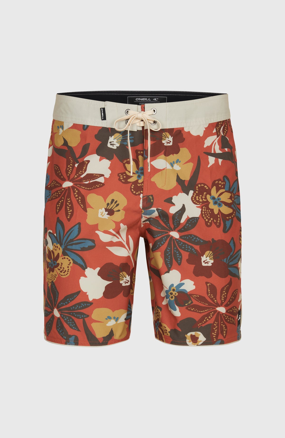 Hyperfreak Mysto Scallop 19'' Boardshorts für Herren, orange mit Blumenmuster, freigestellt von vorne mit Kordelzug