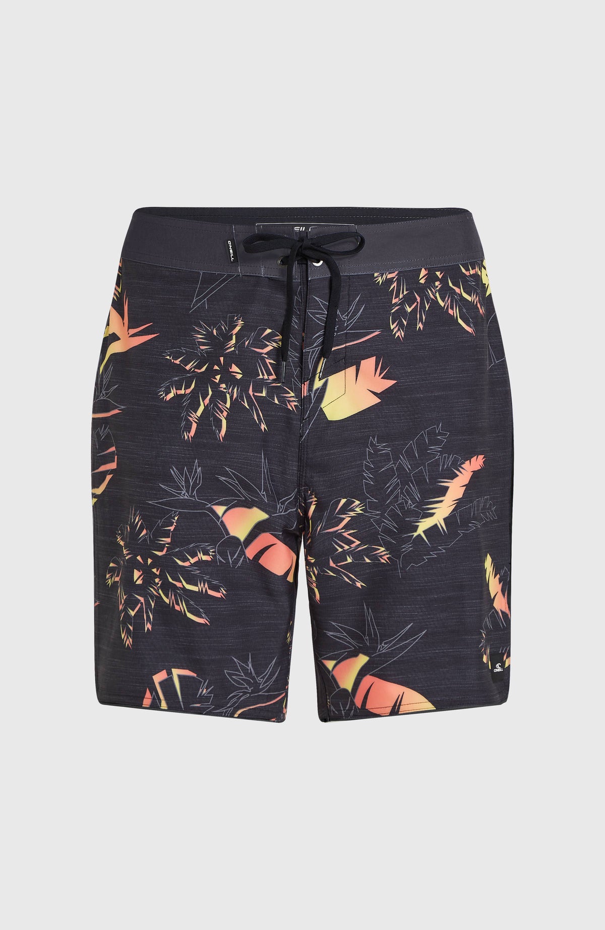 Hyperfreak Mysto Boardshorts, schwarz mit Palmenmuster in Orange und Gelb, flach liegend von vorne mit Kordelzug