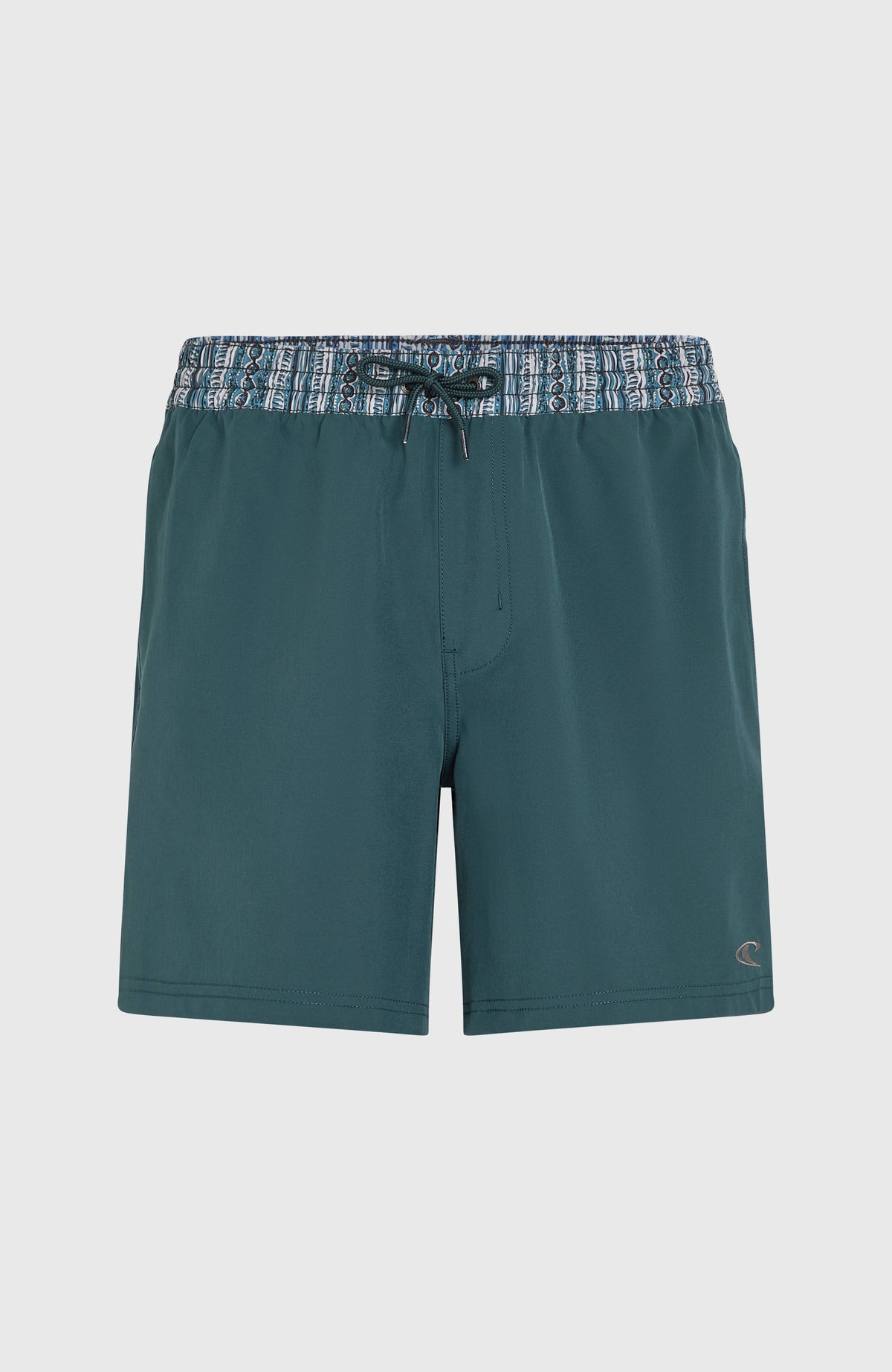 Pocket Print 16'' Badehose für Herren, blau, flach liegend von vorne mit elastischem Bund und Kordelzug