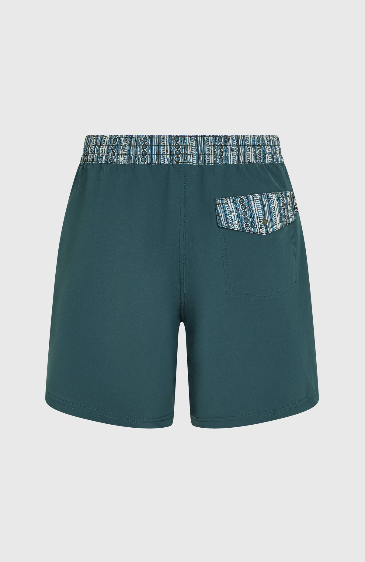 Pocket Print 16'' Badehose für Herren, blau, flach liegend von hinten mit gemusterter Gesäßtasche