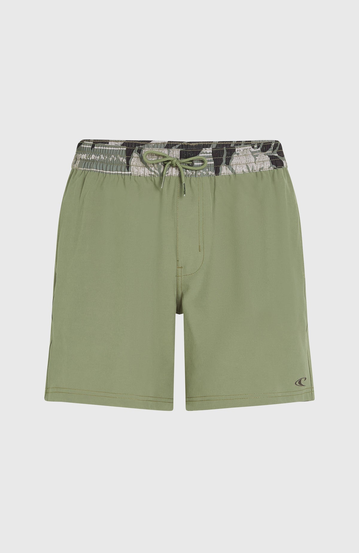 Pocket Print 16'' Badehose für Herren, grün mit Blättermuster, flach liegend von vorne mit Kordelzug am Bund