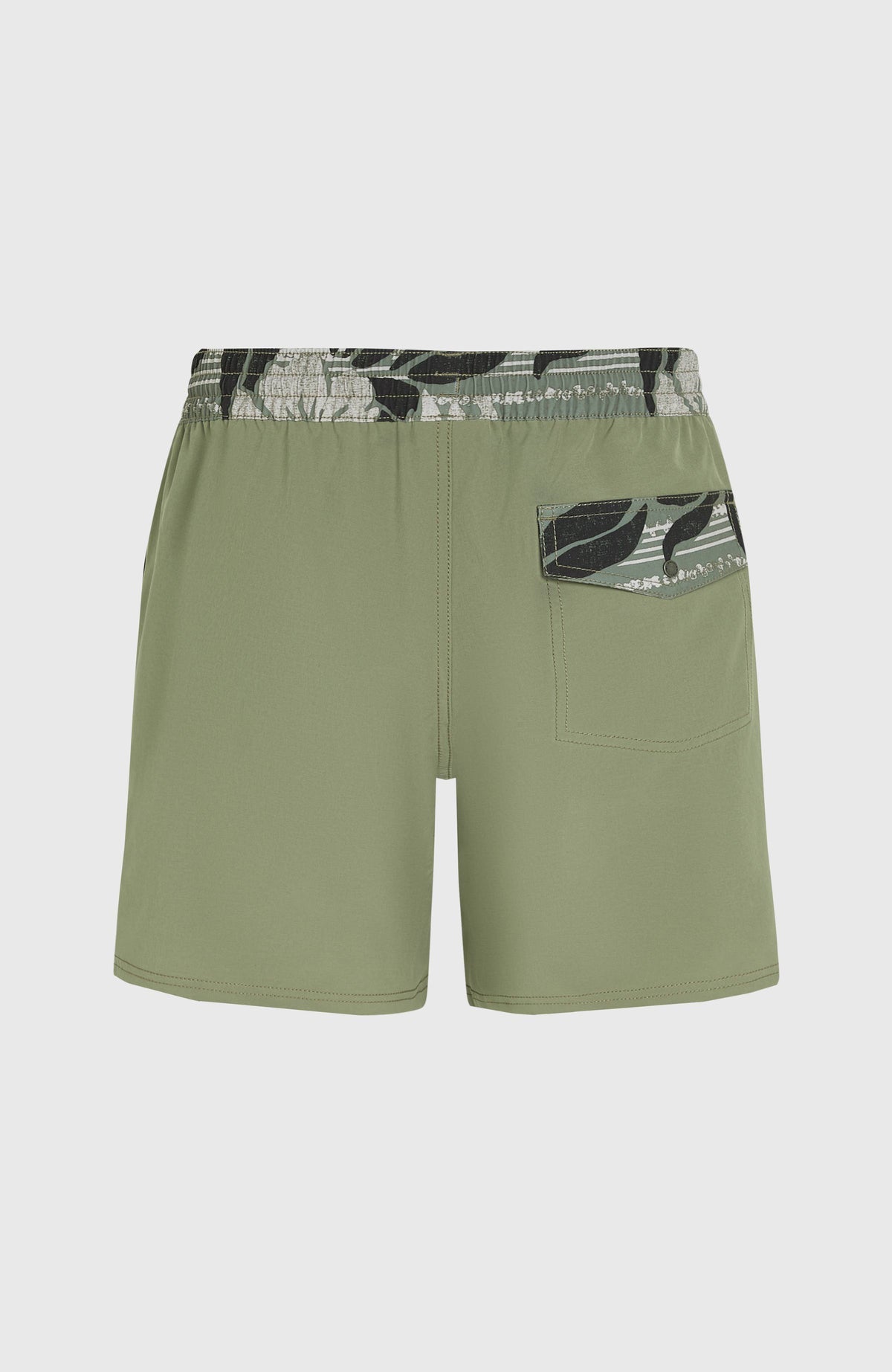 Pocket Print 16'' Badehose für Herren, grün mit Blättermuster, flach liegend von hinten mit aufgesetzter Gesäßtasche