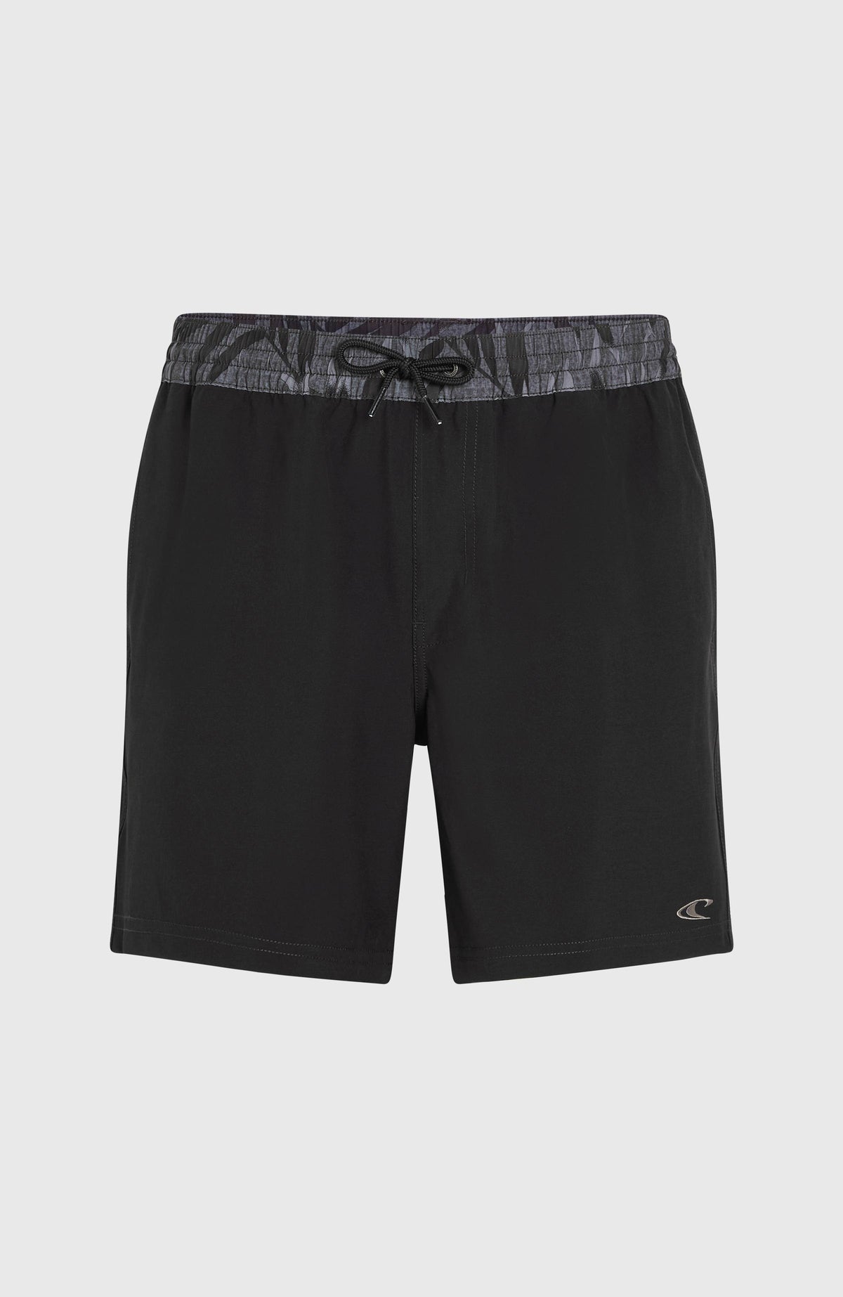 Pocket Print 16'' Badehose für Herren, schwarz mit Blättermuster in Grau, flach liegend von vorne mit Kordelzug