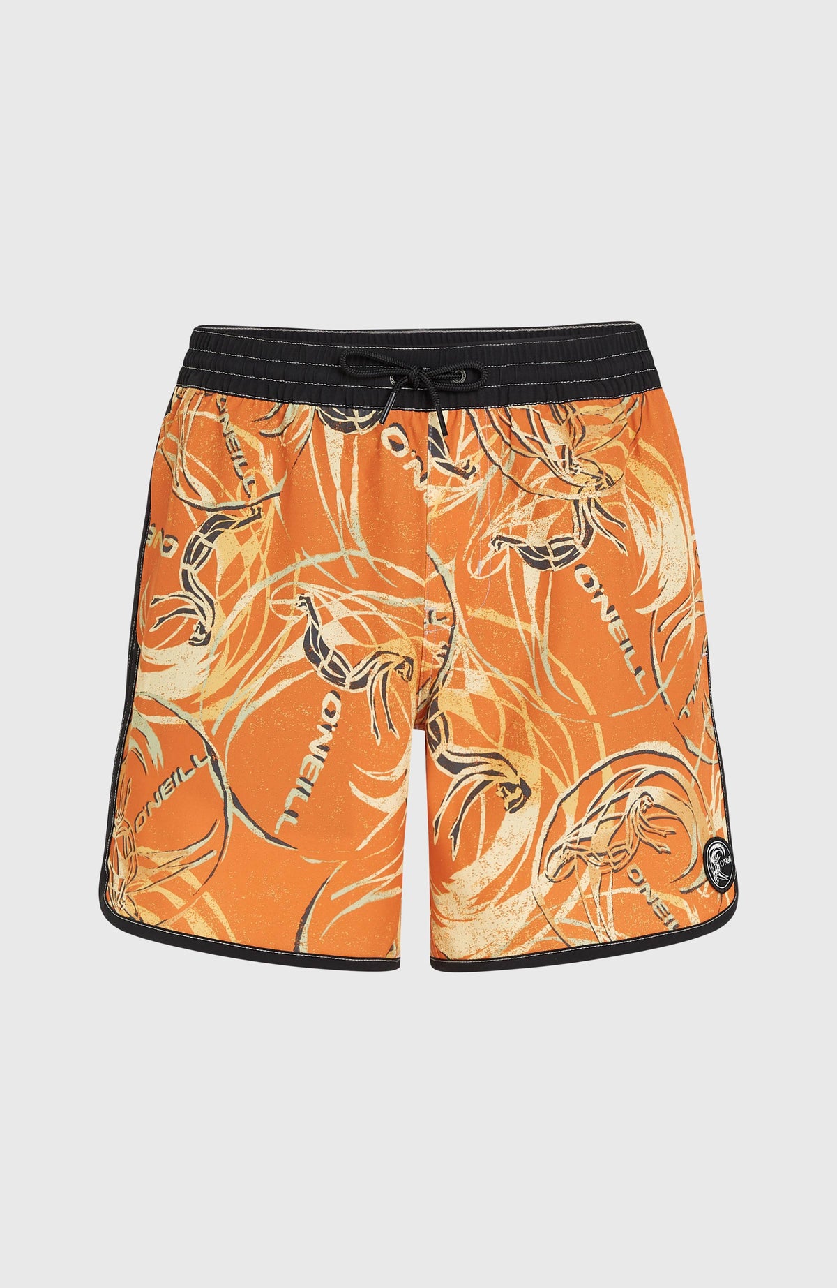 O'Riginals Scallop 16'' Badehose, orange mit Grafikprint in Gelb und Schwarz, flach liegend von vorne mit Kordelzug