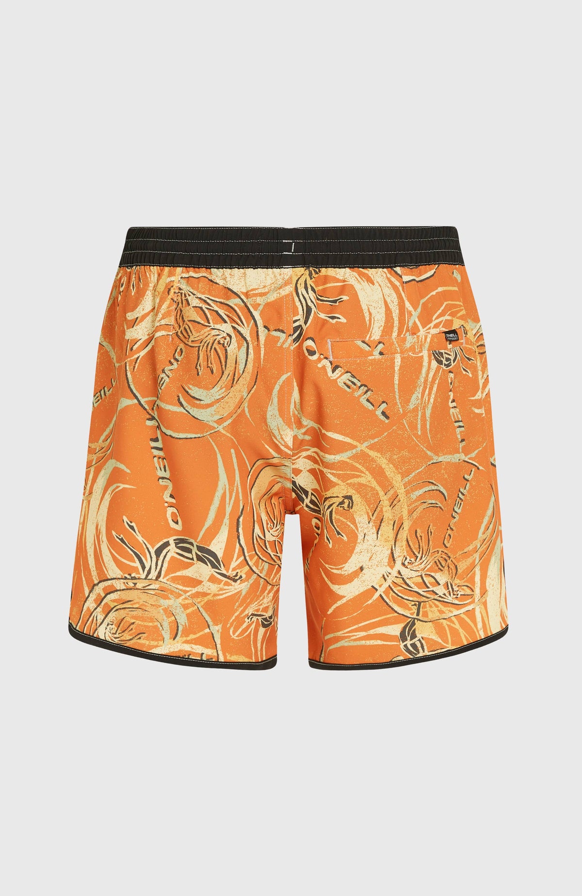 O'Riginals Scallop 16'' Badehose, orange mit Grafikprint in Gelb und Schwarz, flach liegend von hinten mit Gesäßtasche