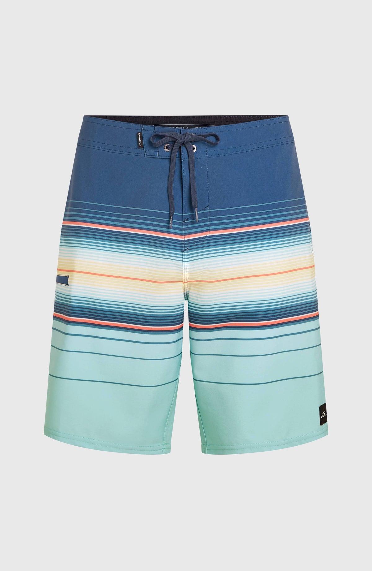 Hyperfreak Heat Stripe 21'' Boardshorts für Herren, blau mit Streifenmuster in Türkis und Gelb, flach liegend von vorne