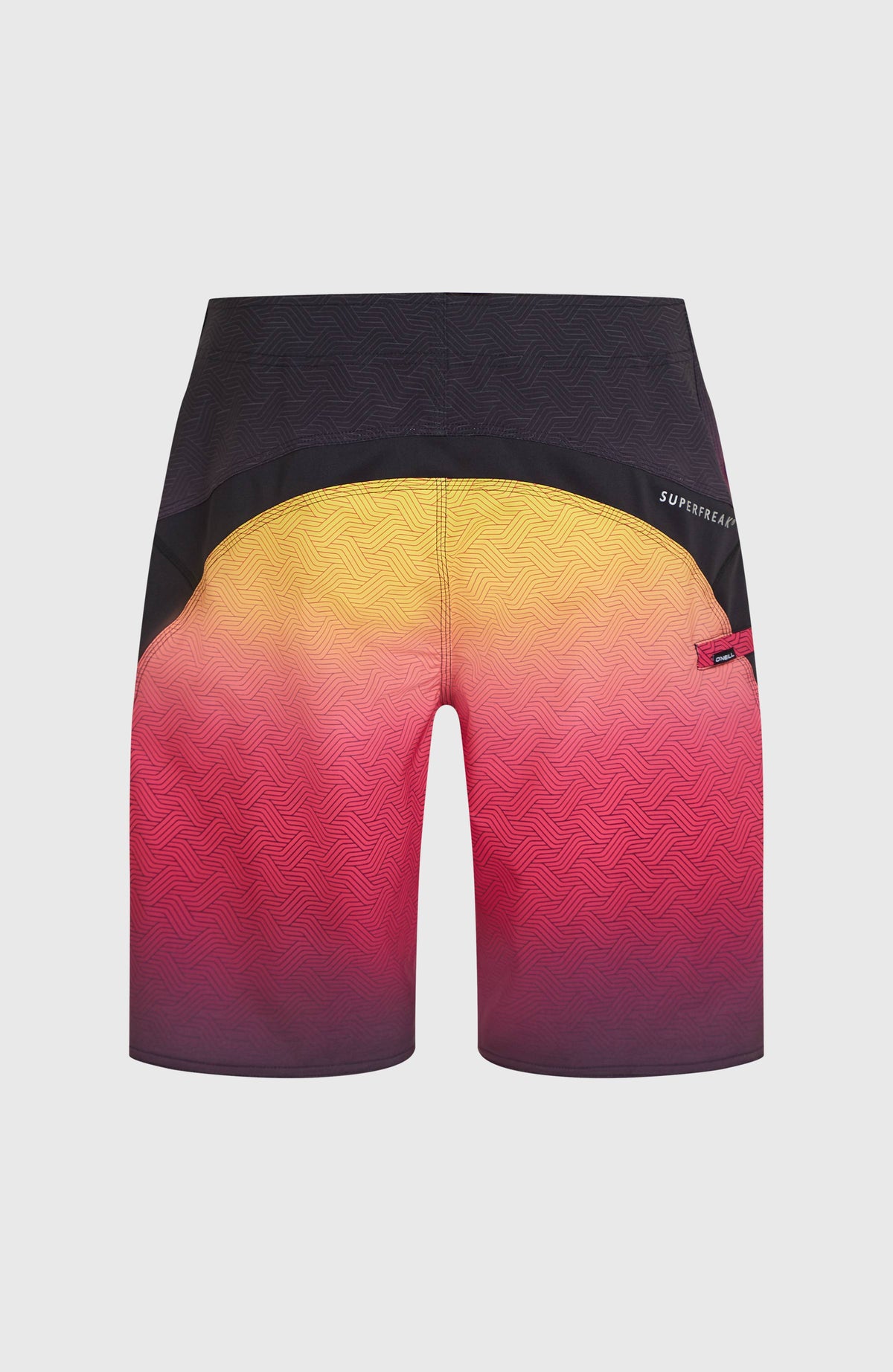 Superfreak Mysto 20'' Boardshorts für Herren, pink mit Farbverlauf in Schwarz und Gelb, flach liegend von hinten