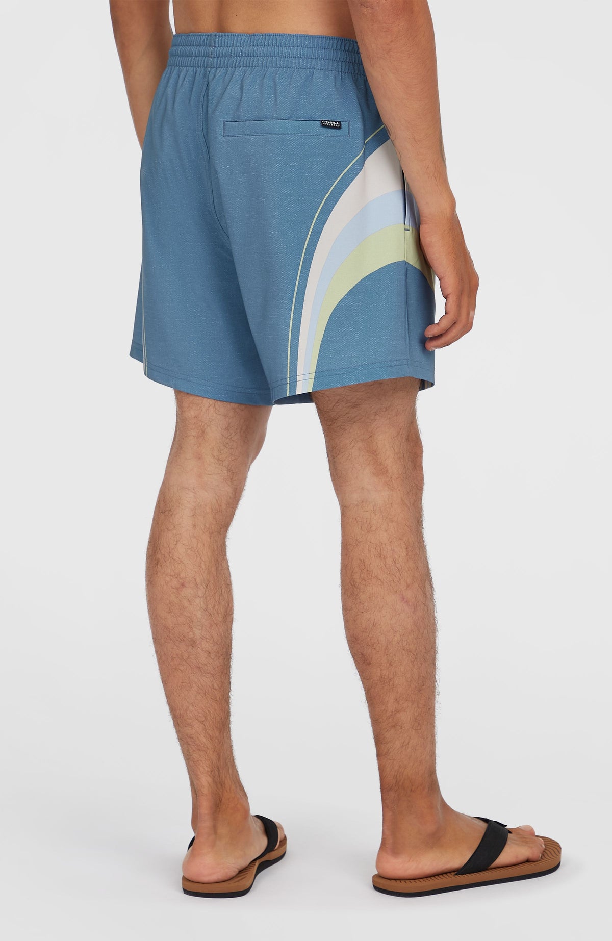 O'Riginals Longboard 15'' Badehose, blau mit Streifenmuster in Weiß und Grün, Rückansicht am Model mit Gesäßtasche
