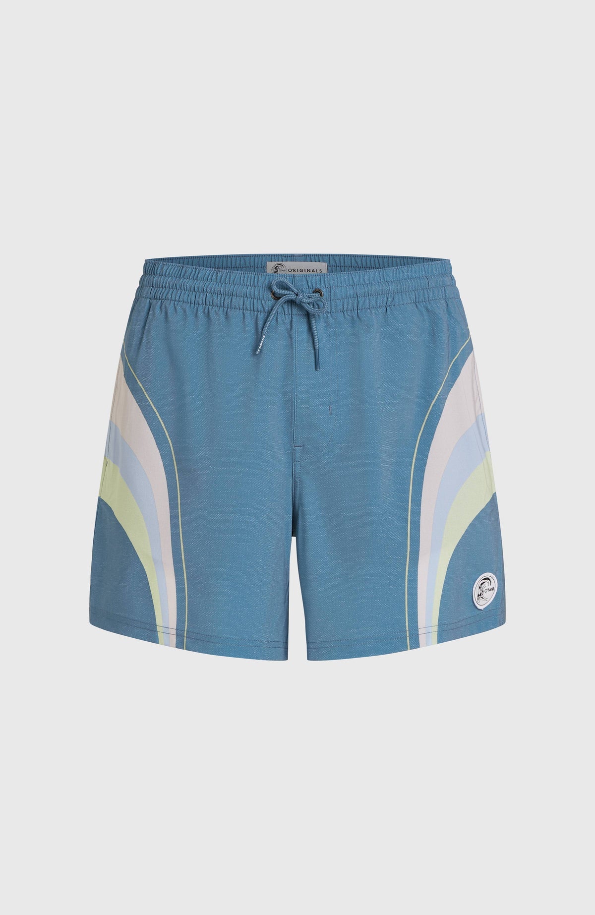 O'Riginals Longboard 15'' Badehose, blau mit Streifenmuster, freigestellt von vorne mit elastischem Kordelzugbund